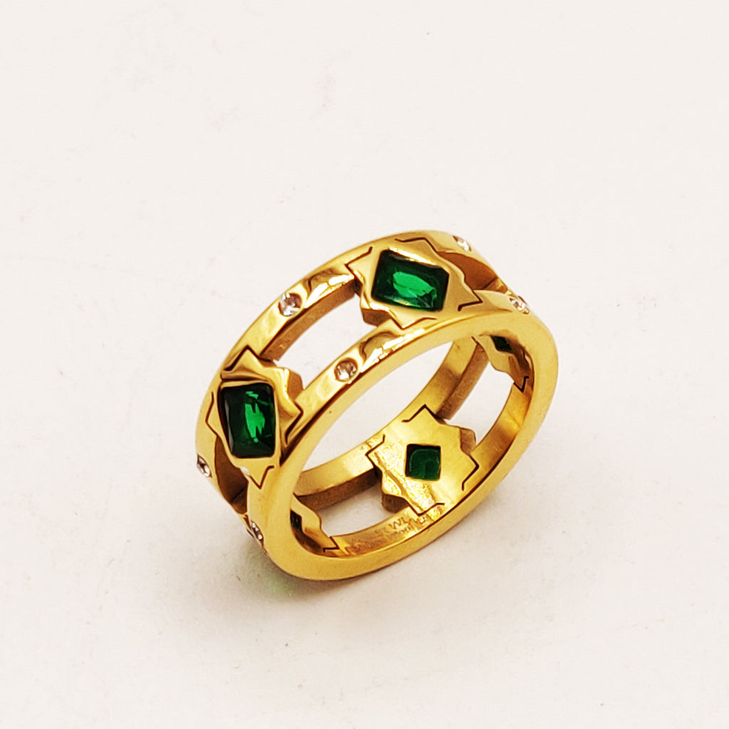 Bague Multi Étoiles et Carreaux Cristaux Verts Luxe