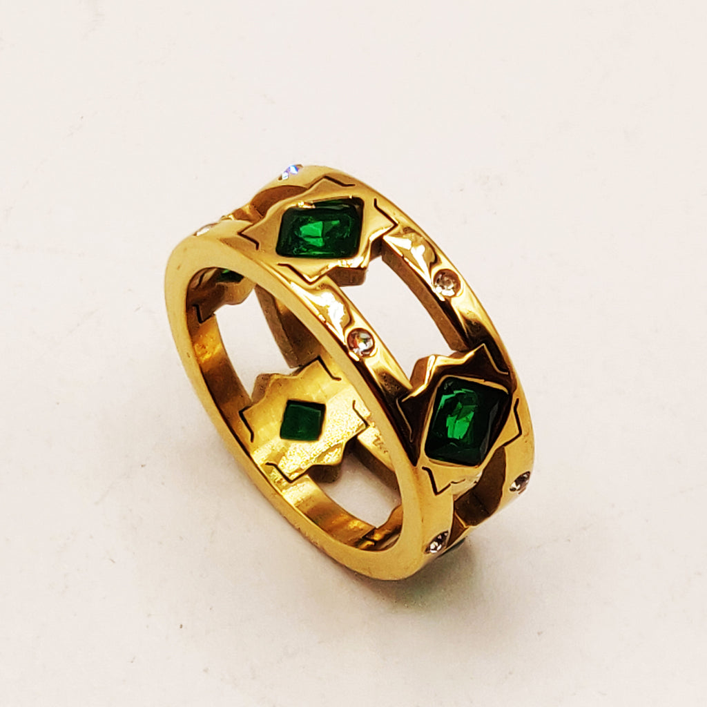 Bague Multi Étoiles et Carreaux Cristaux Verts Luxe