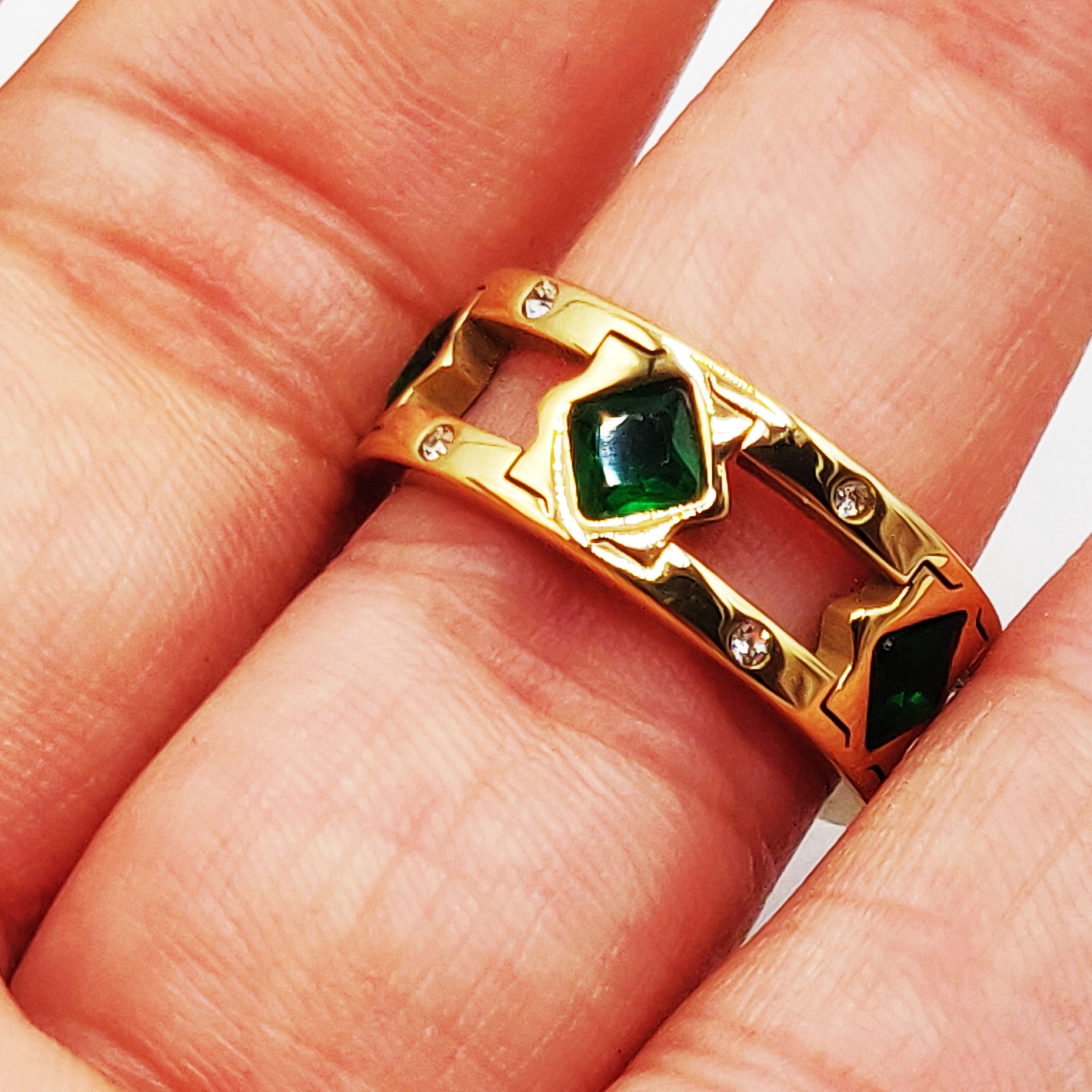 Bague Multi Étoiles et Carreaux Cristaux Verts Luxe