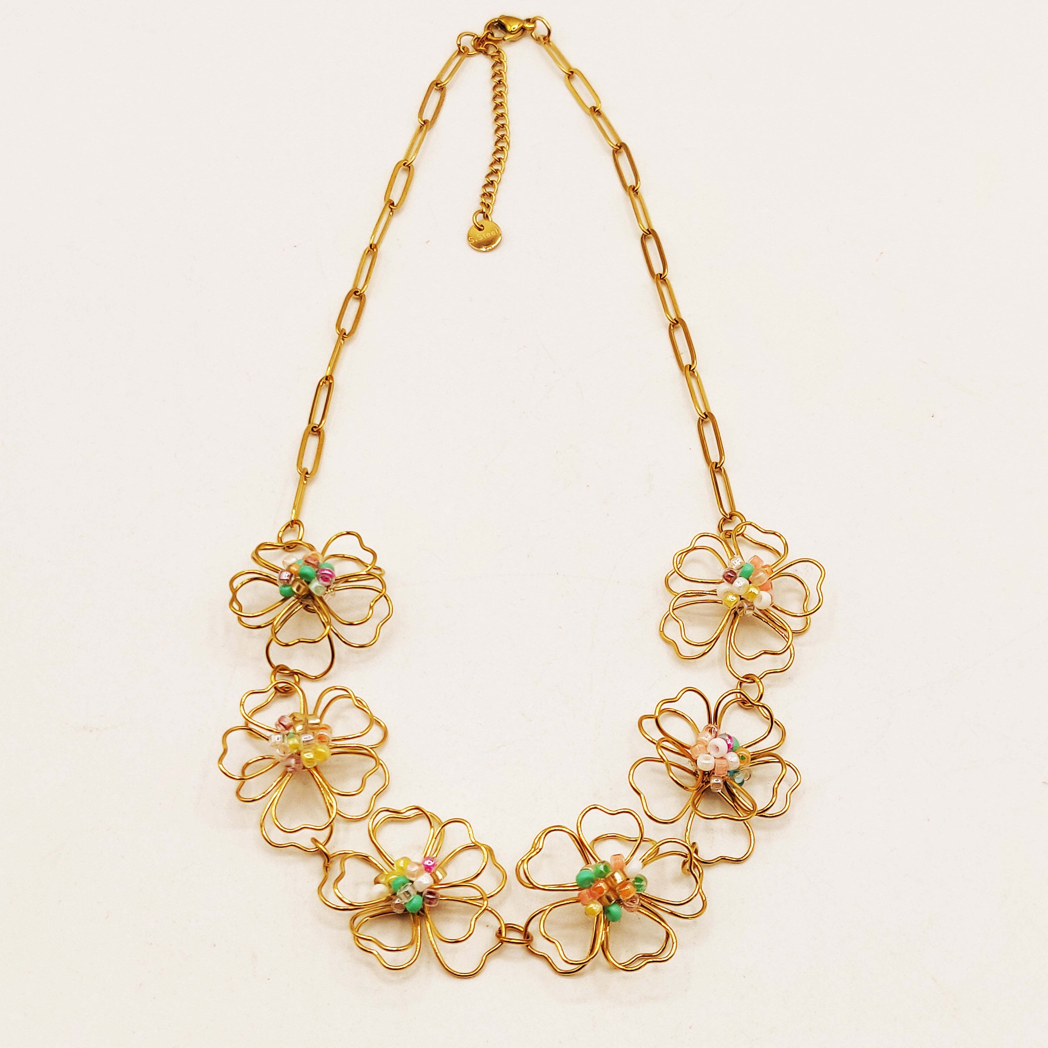 Collier Chaîne Grandes Fleurs Perles d'imitation Multicolores