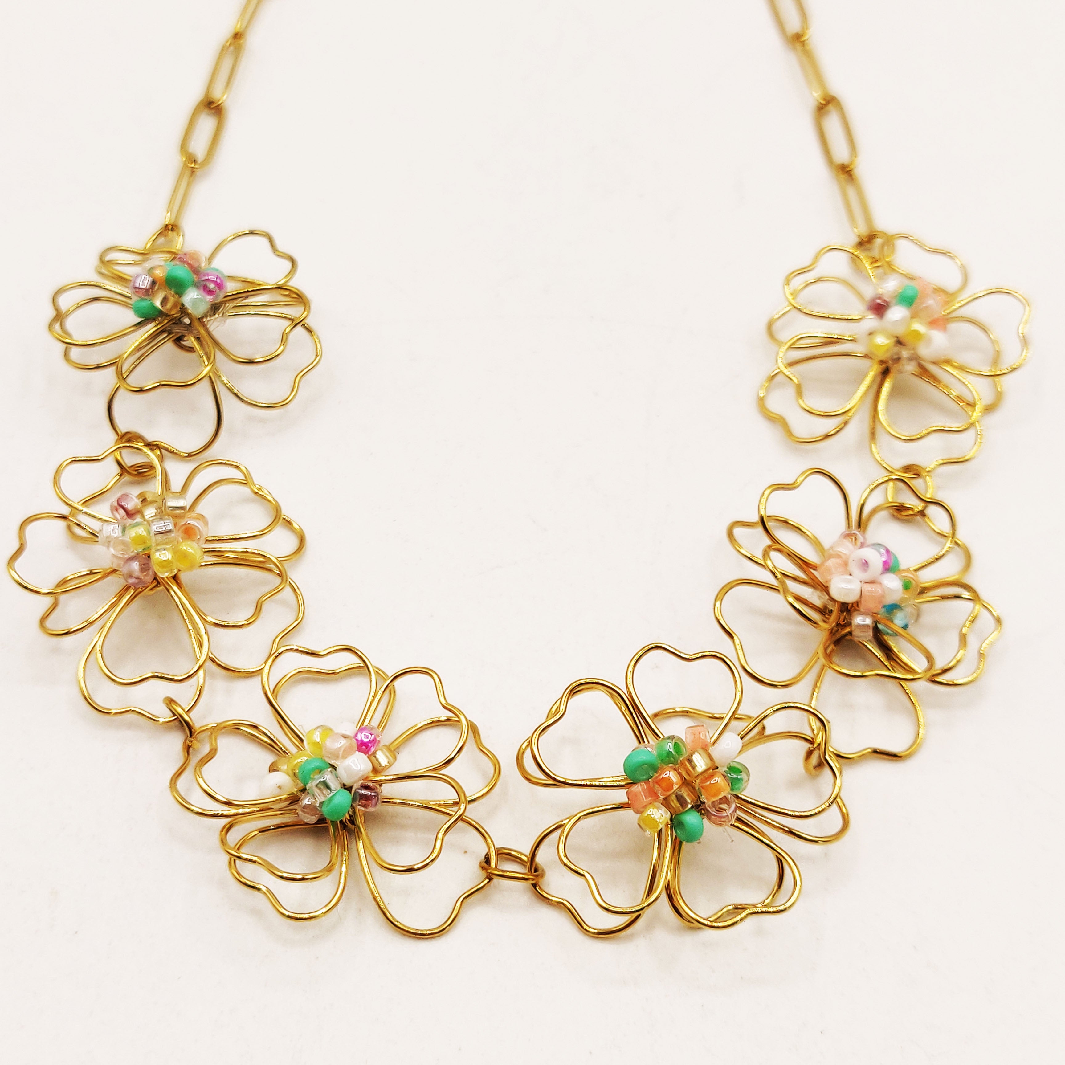 Collier Chaîne Grandes Fleurs Perles d'imitation Multicolores
