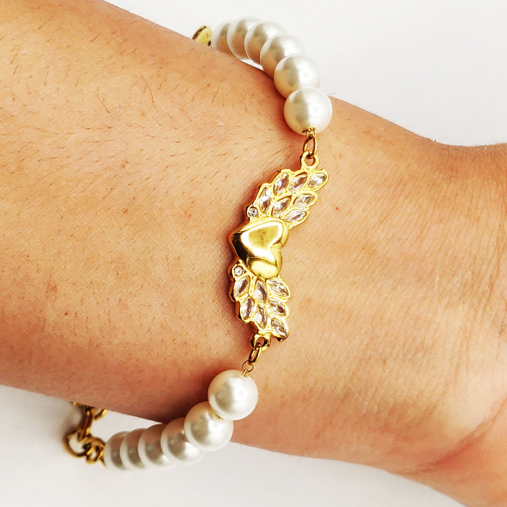 Bracelet Multi Perles d'imitation Blanches Coeur Ailé Cristaux