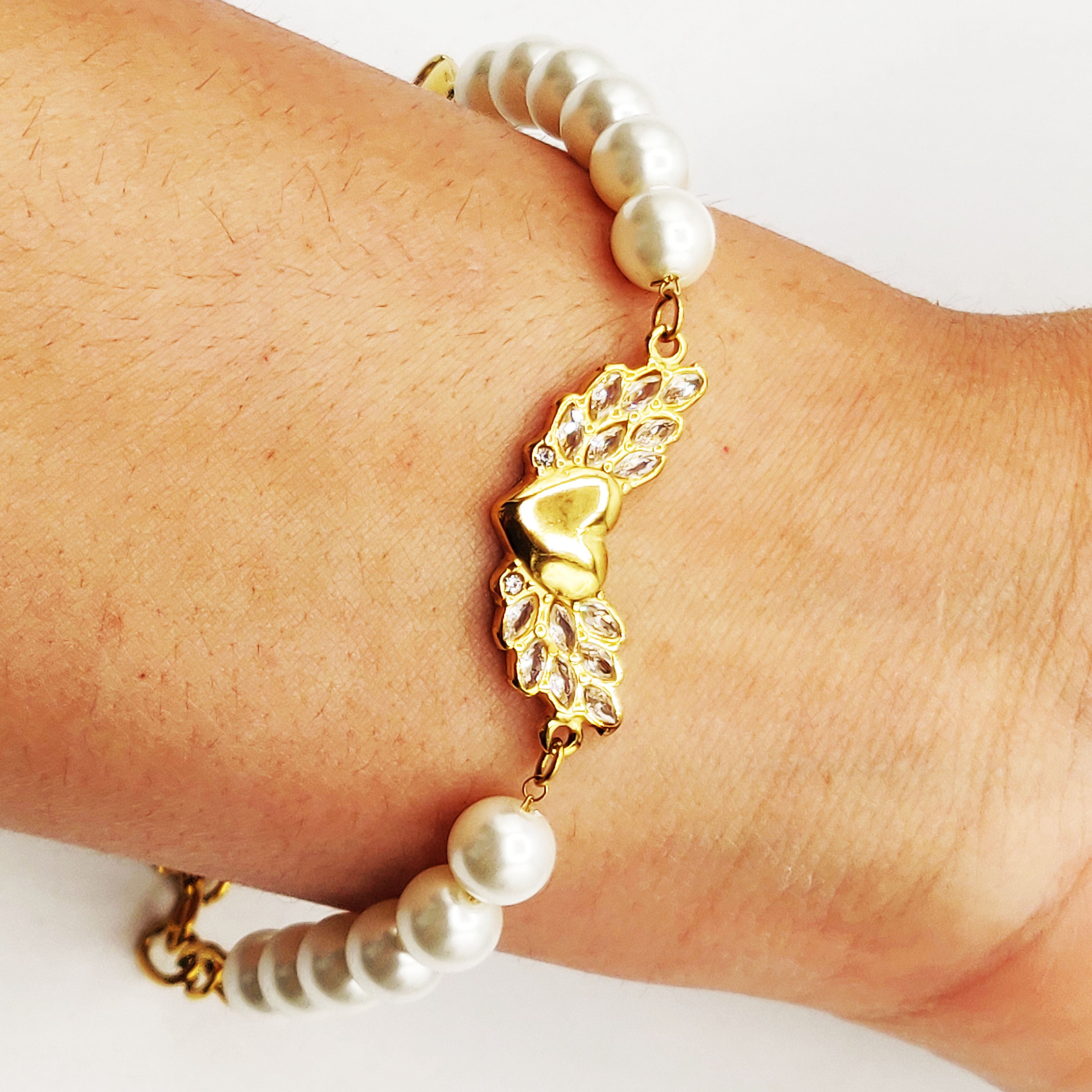 Bracelet Multi Perles d'imitation Blanches Coeur Ailé Cristaux