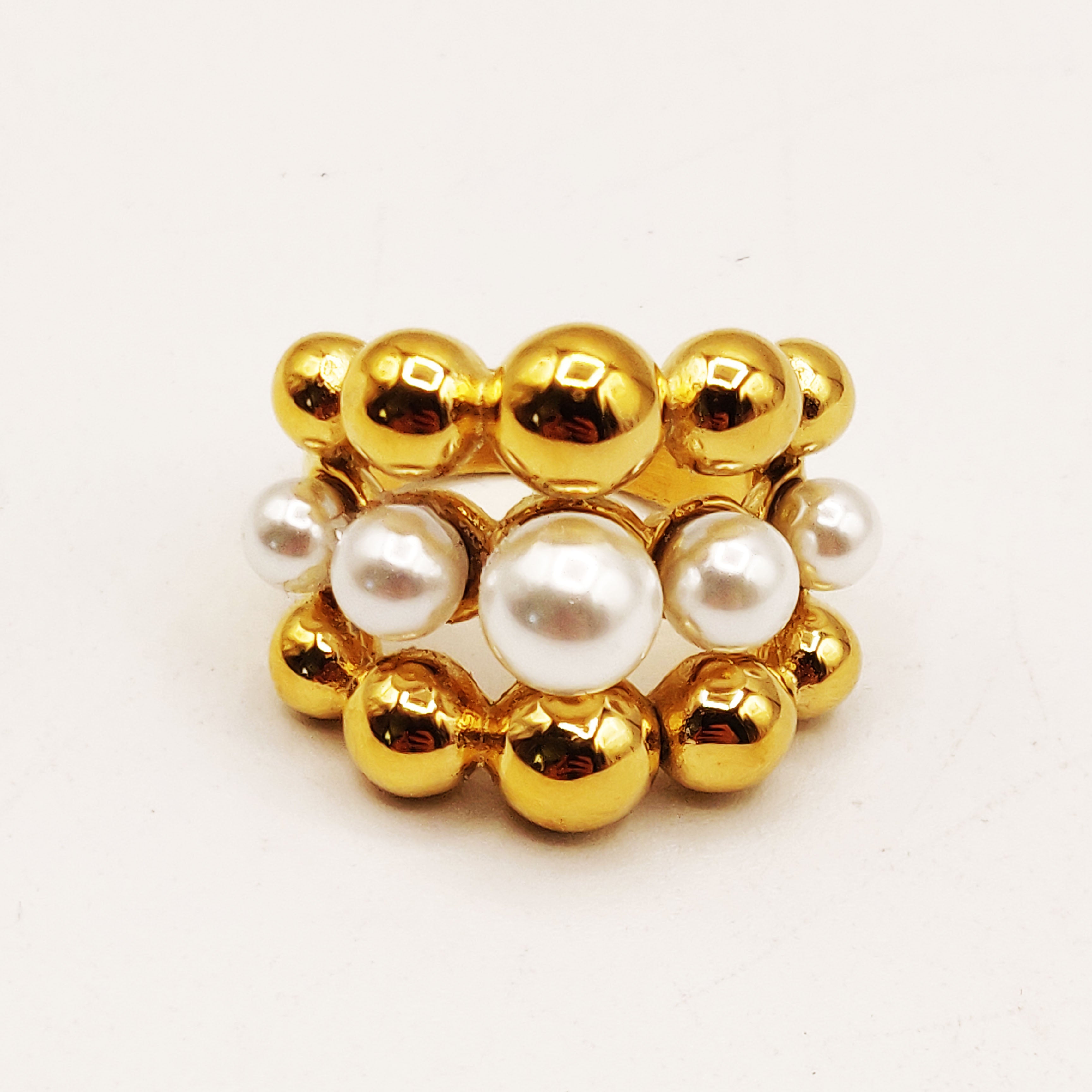 Bague Multi Perles d'imitation Blanches et Dorées