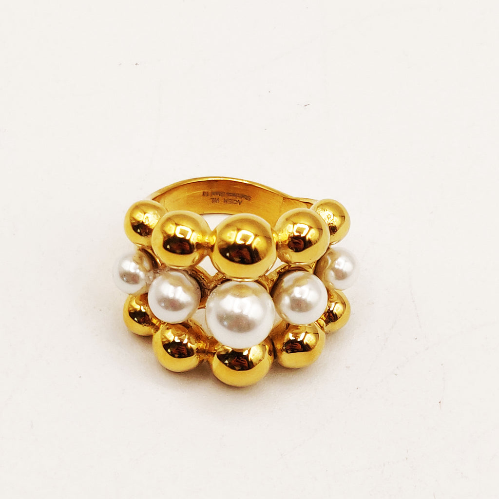 Bague Multi Perles d'imitation Blanches et Dorées
