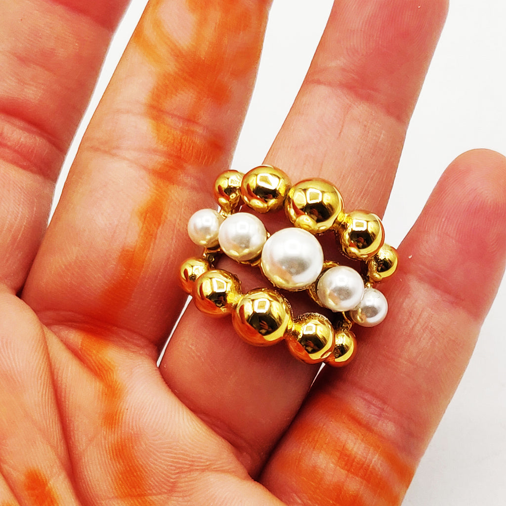 Bague Multi Perles d'imitation Blanches et Dorées