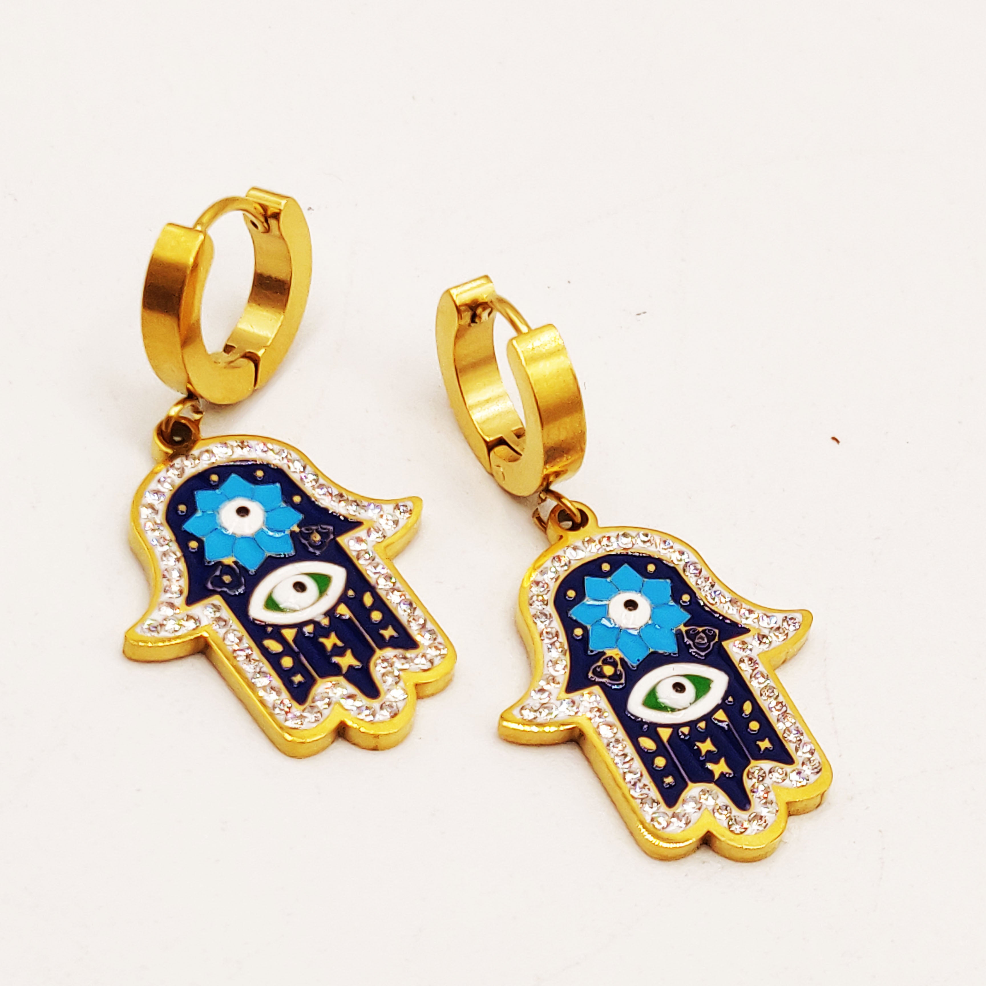 Boucles d'oreilles Chaîne Main de Fatma Fleur Bleue