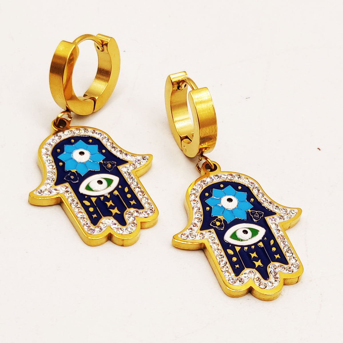 Boucles d'oreilles Chaîne Main de Fatma Fleur Bleue