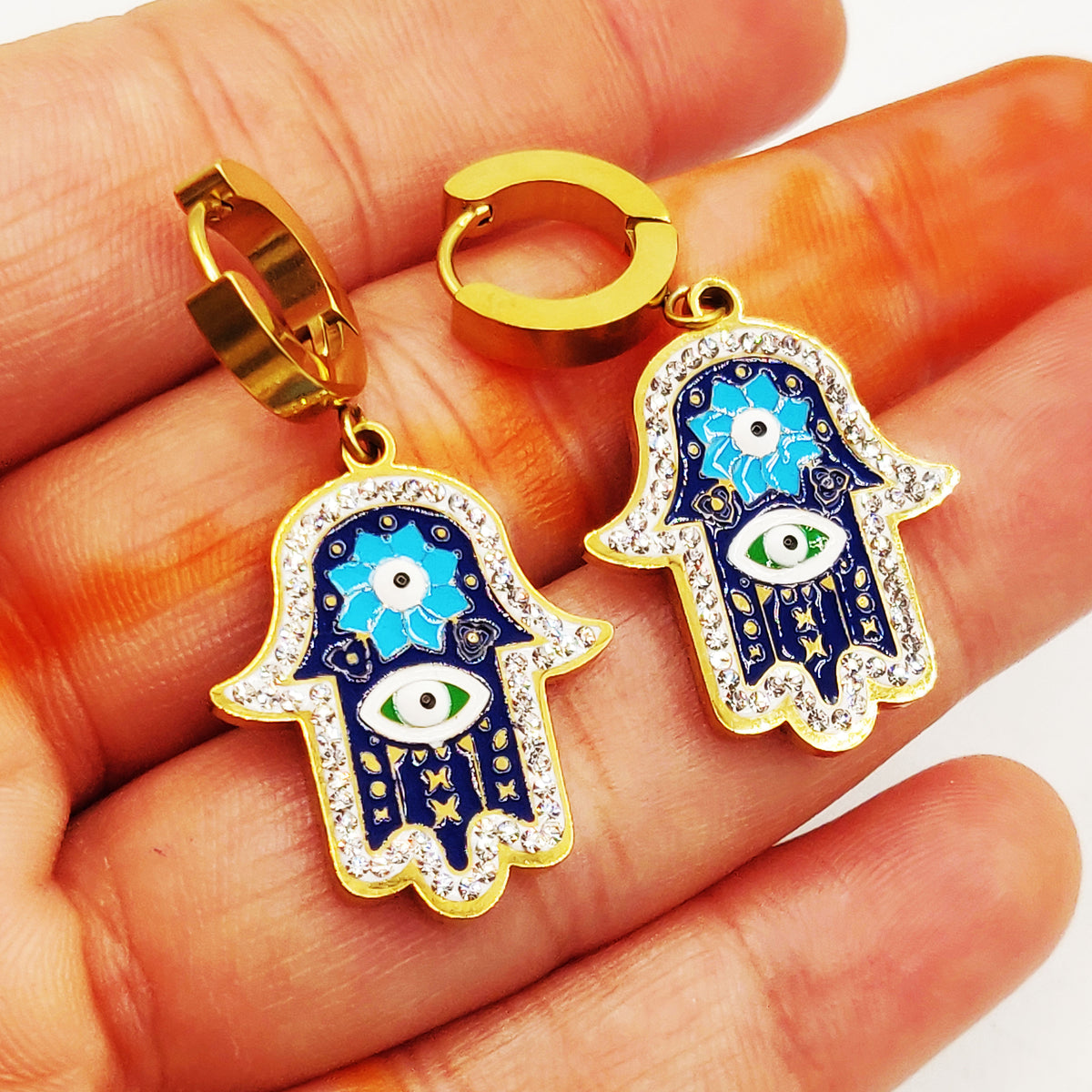 Boucles d'oreilles Chaîne Main de Fatma Fleur Bleue
