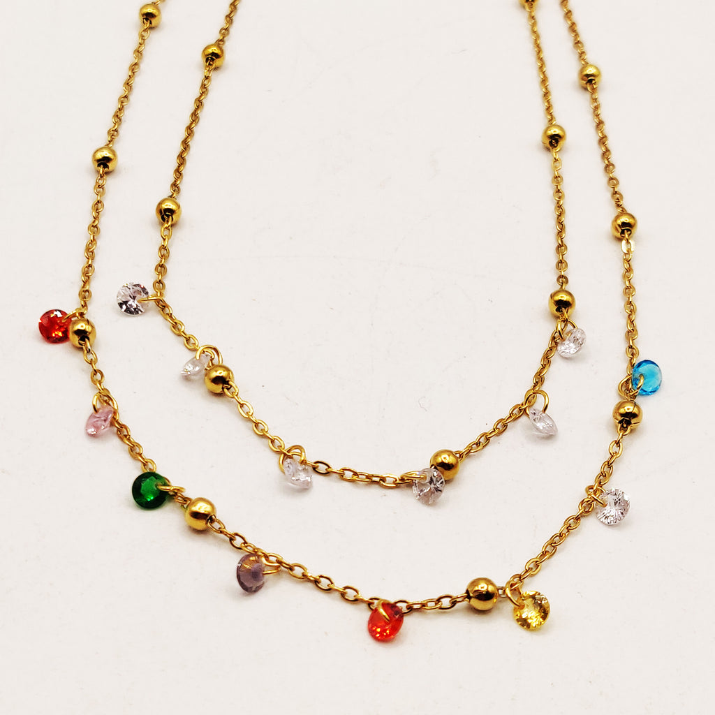 Collier Double Perles d'imitation Dorées et Cristaux Multicolores