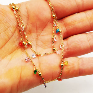 Collier Double Perles d'imitation Dorées et Cristaux Multicolores