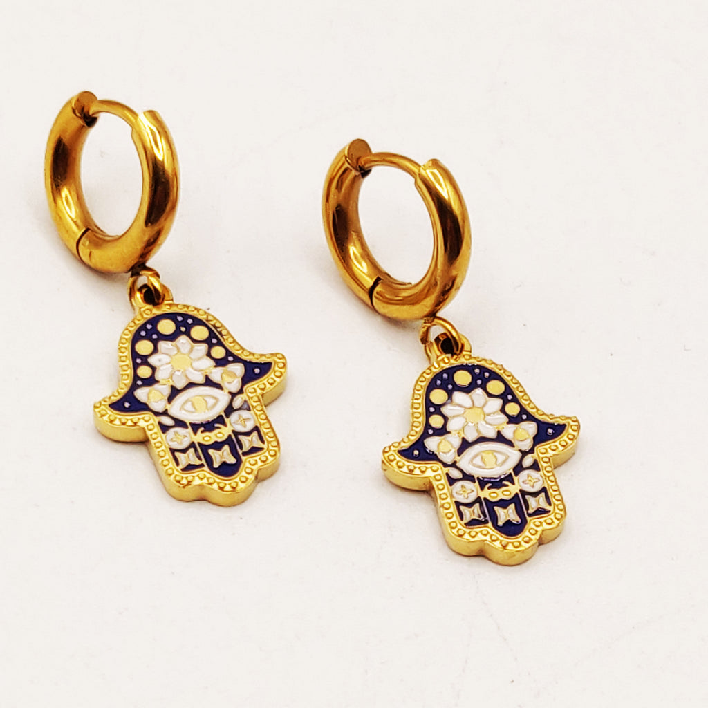 Boucles d'oreilles Chaîne Triple Pendentifs Main de Fatma Bleue