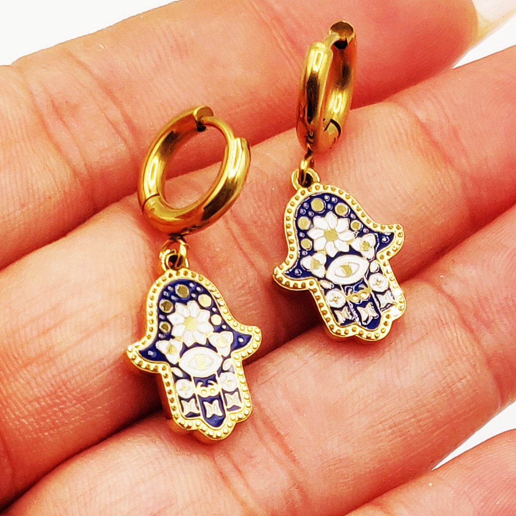 Boucles d'oreilles Chaîne Triple Pendentifs Main de Fatma Bleue