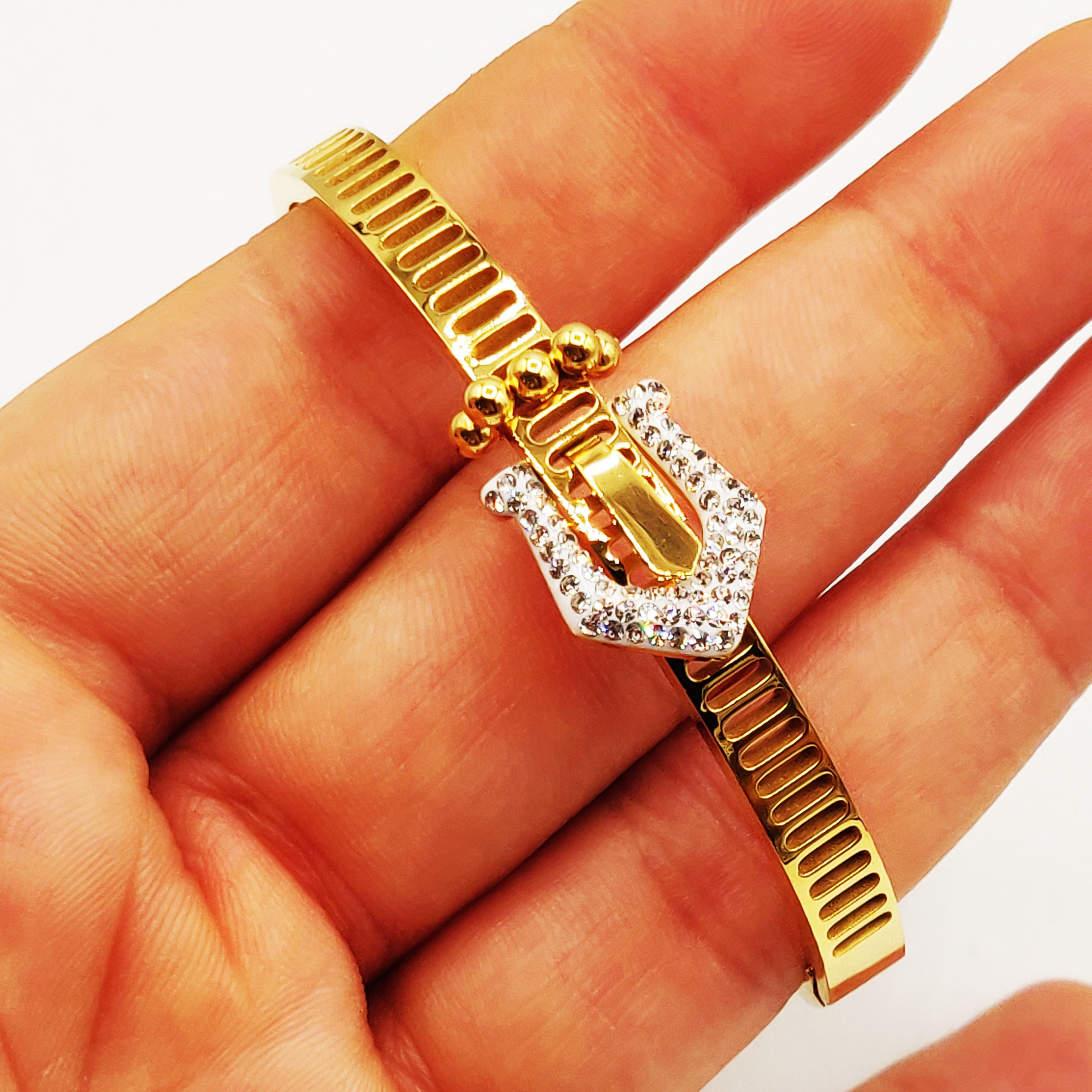 Bracelet Rigide Ceinture Boucle Cristaux et Perles d'imitation Dorées