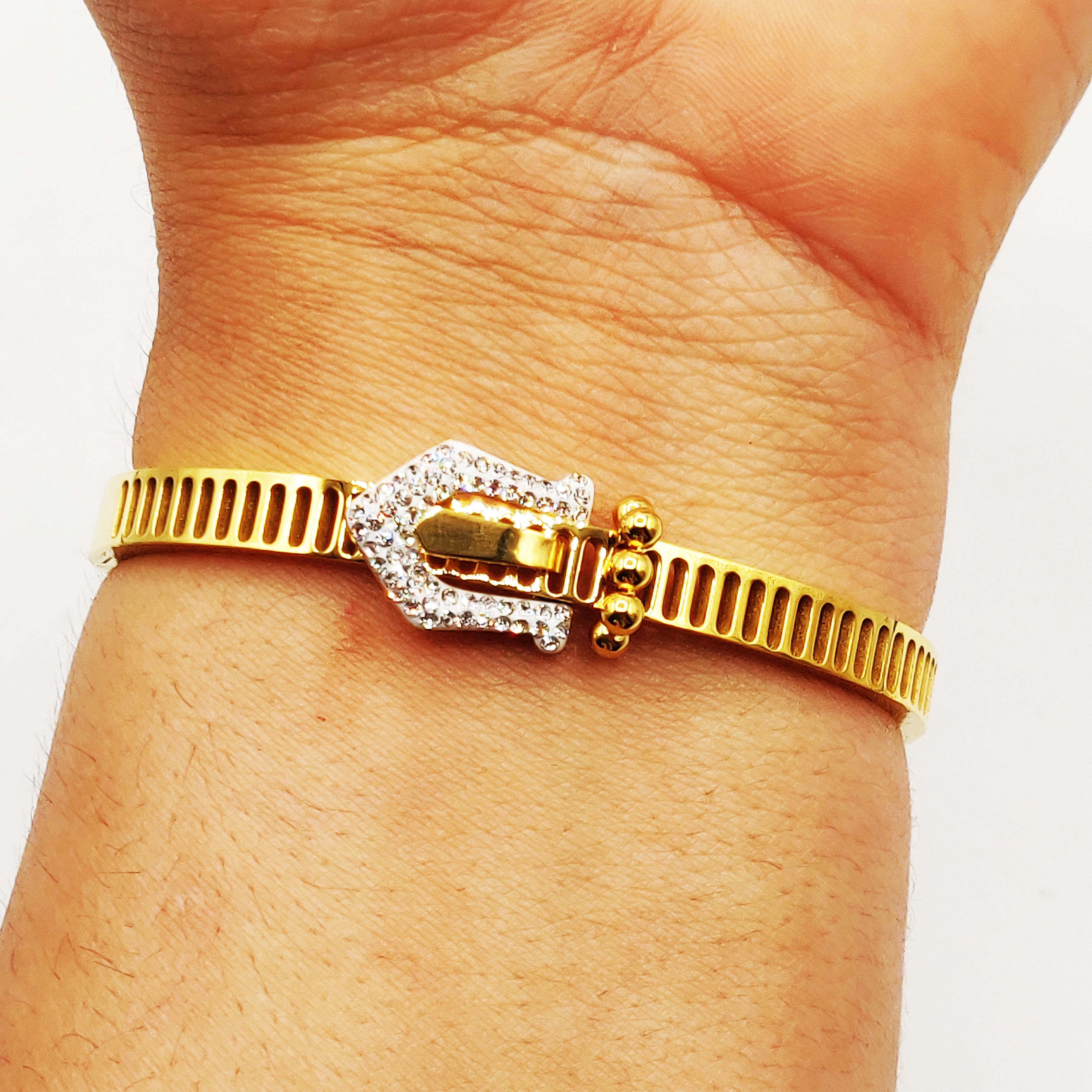 Bracelet Rigide Ceinture Boucle Cristaux et Perles d'imitation Dorées