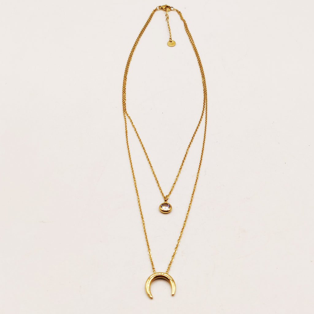 Collier Double Lune et Cristal Rond