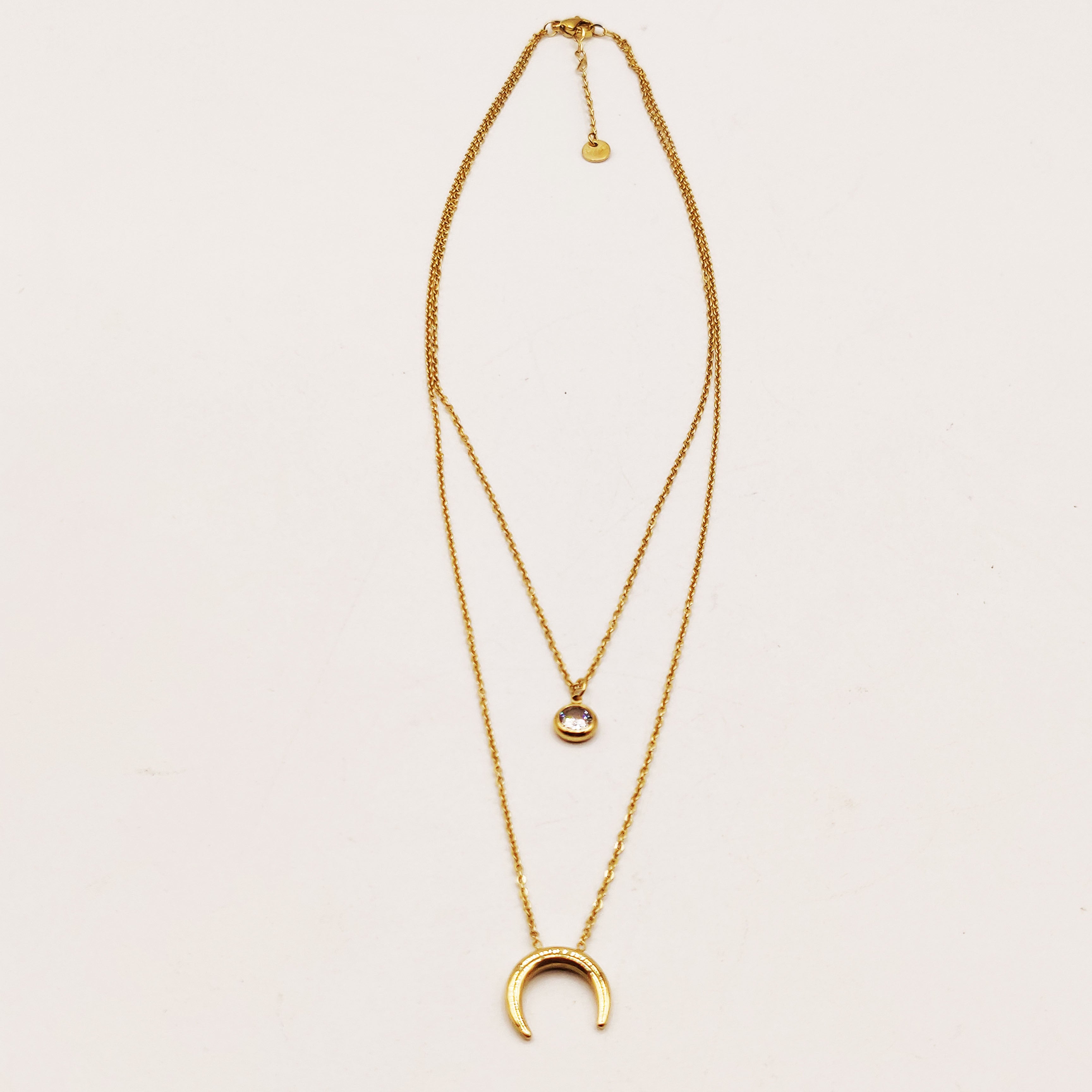 Collier Double Lune et Cristal Rond