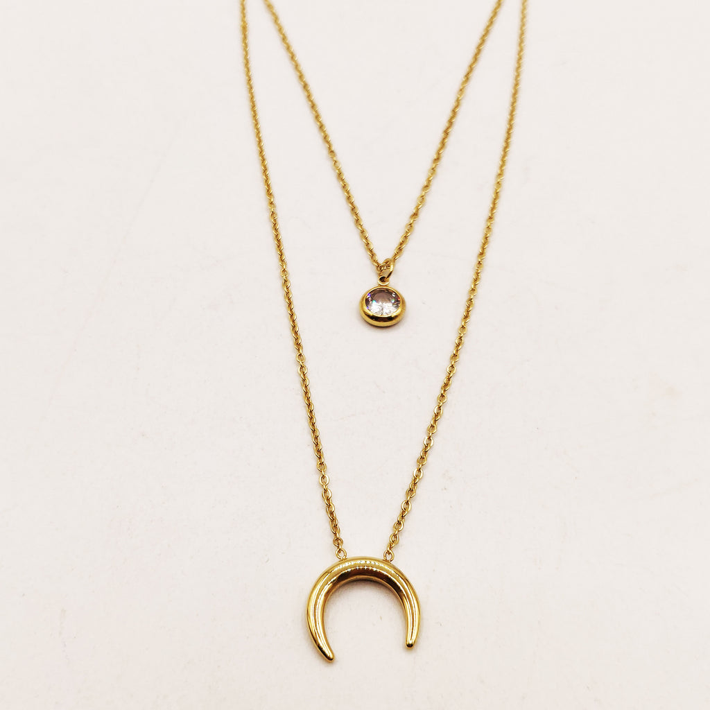 Collier Double Lune et Cristal Rond