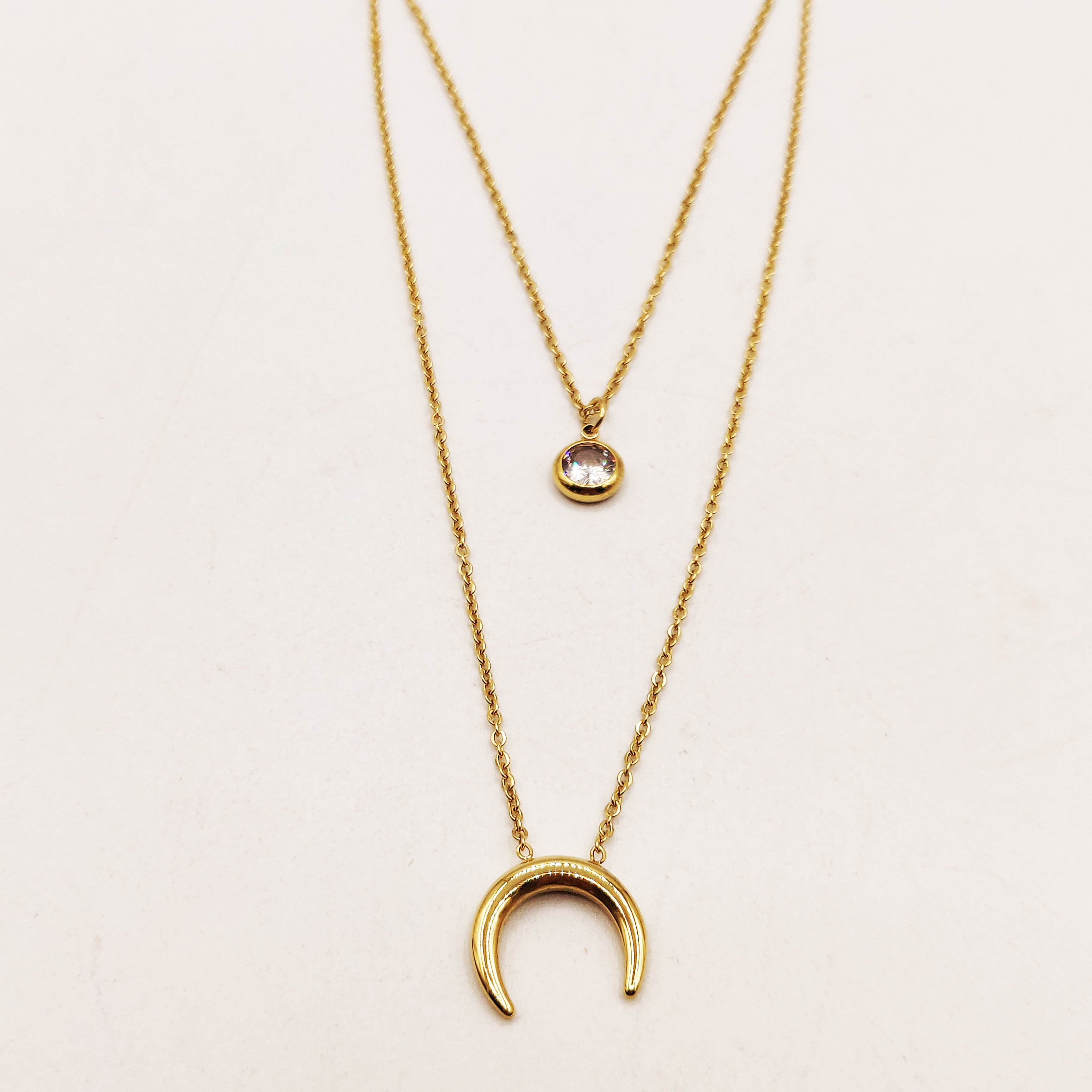 Collier Double Lune et Cristal Rond