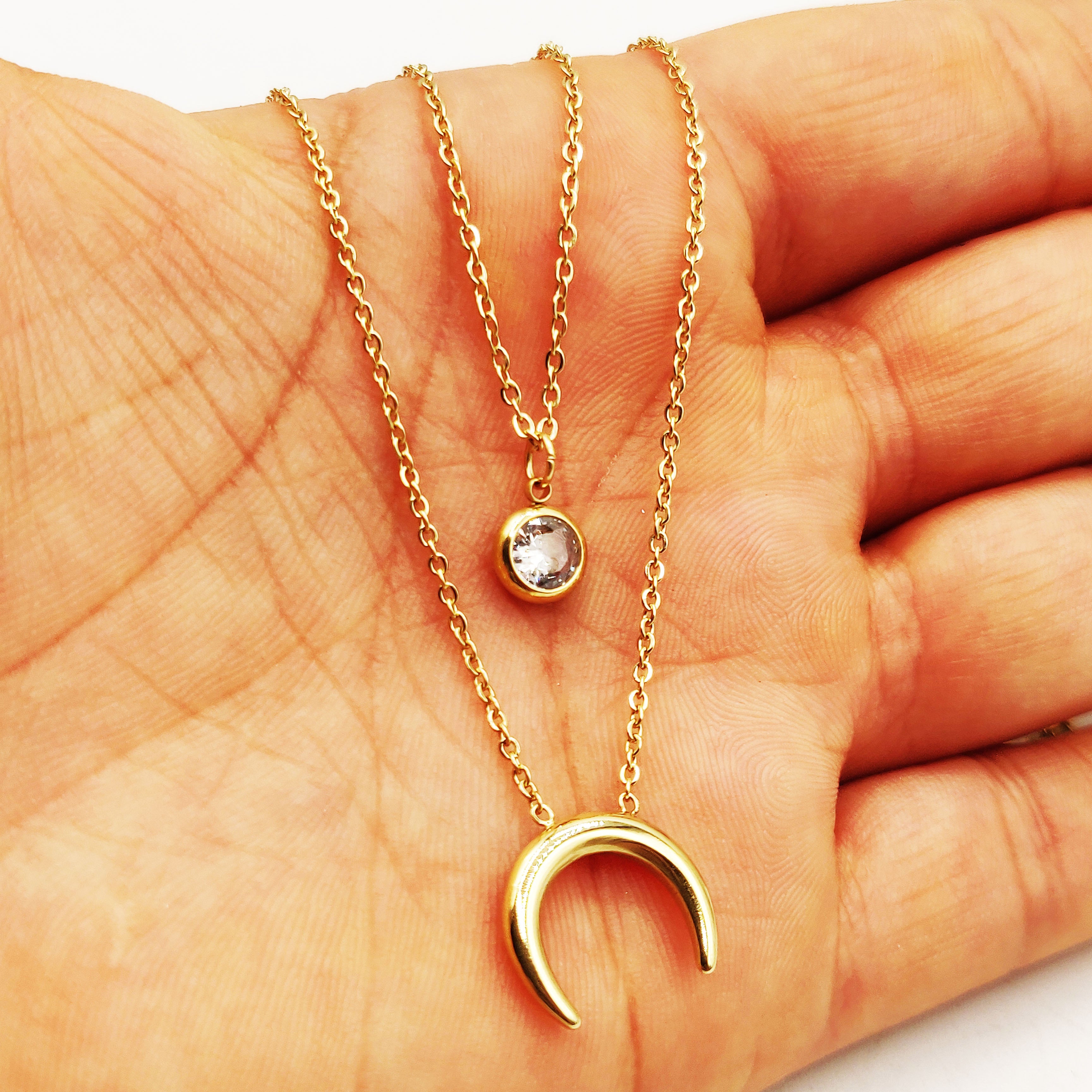 Collier Double Lune et Cristal Rond