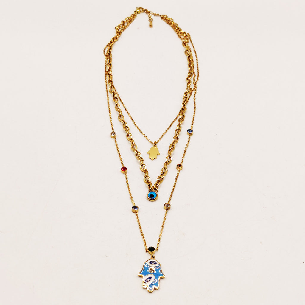 Collier Triple Main de Fatma Bleue et Cristaux Multicolores