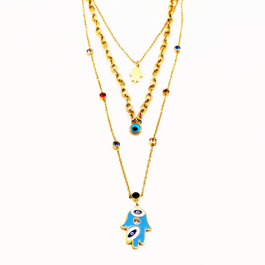 Collier Triple Main de Fatma Bleue et Cristaux Multicolores