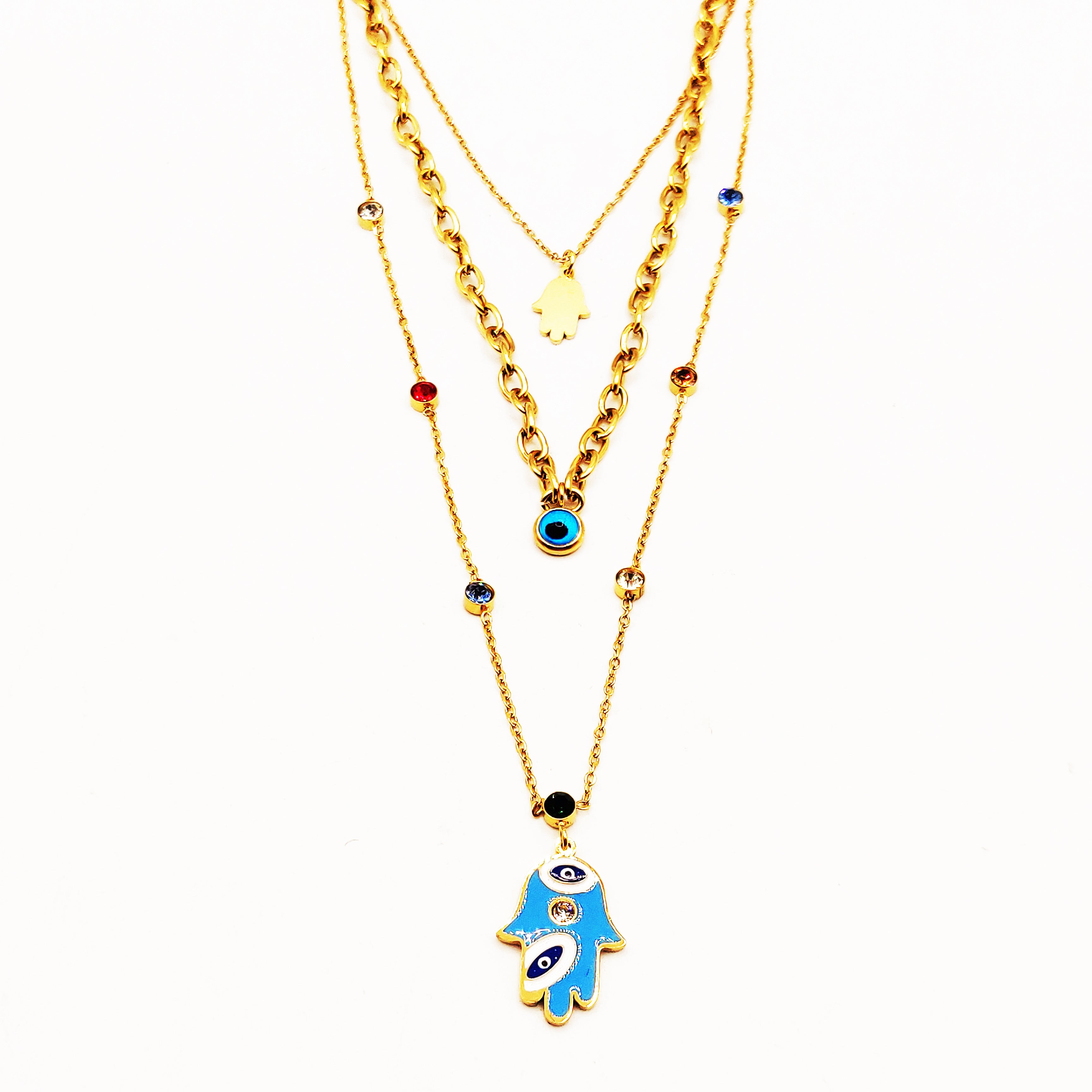 Collier Triple Main de Fatma Bleue et Cristaux Multicolores