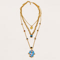 Collier Triple Main de Fatma Bleue et Cristaux Multicolores