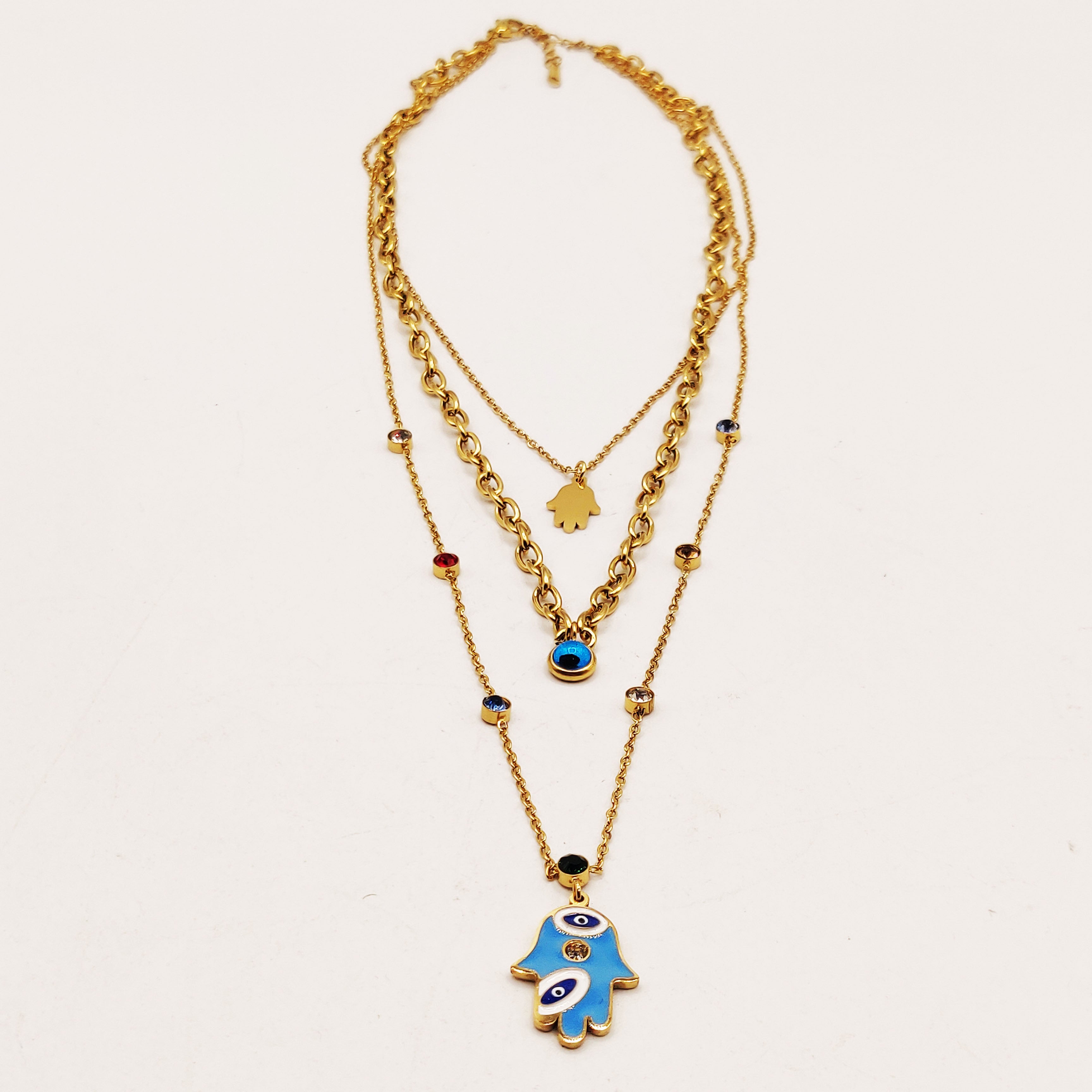 Collier Triple Main de Fatma Bleue et Cristaux Multicolores