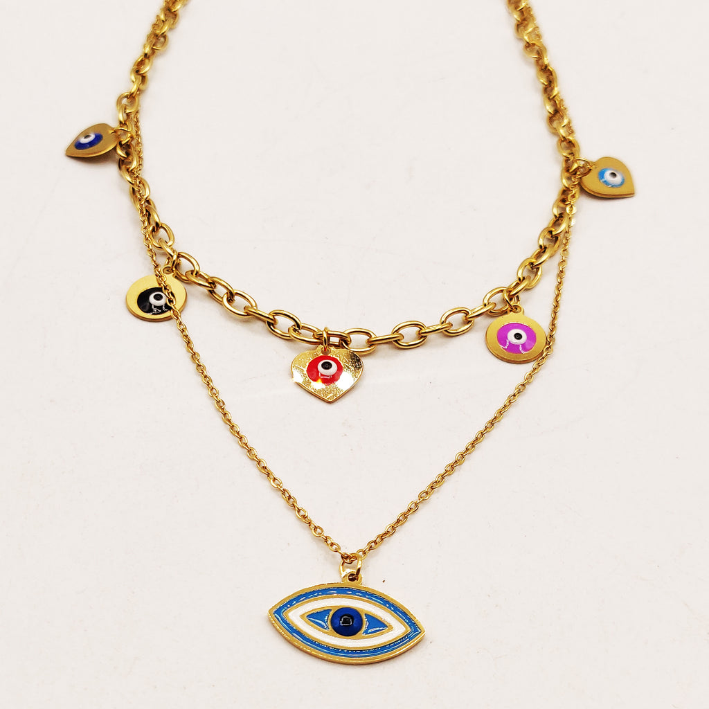 Collier Double Yeux Multicolores et Grand Oeil Bleu