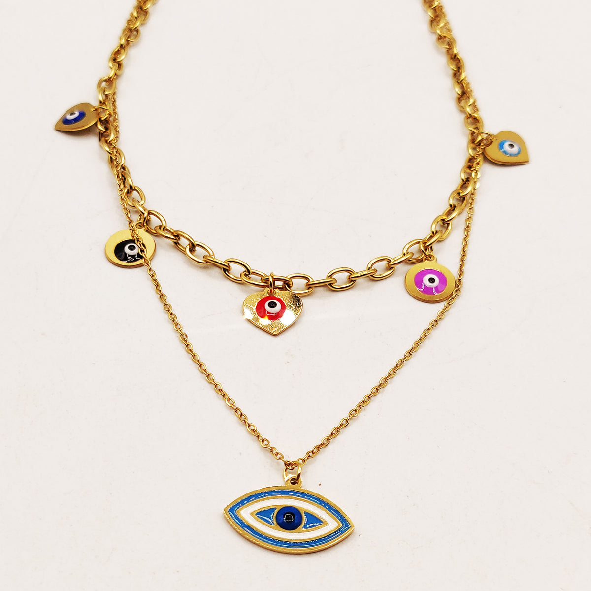 Collier Double Yeux Multicolores et Grand Oeil Bleu