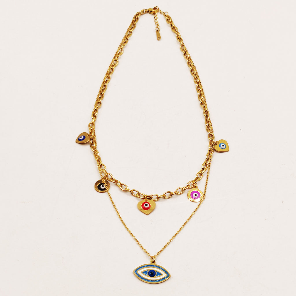 Collier Double Yeux Multicolores et Grand Oeil Bleu