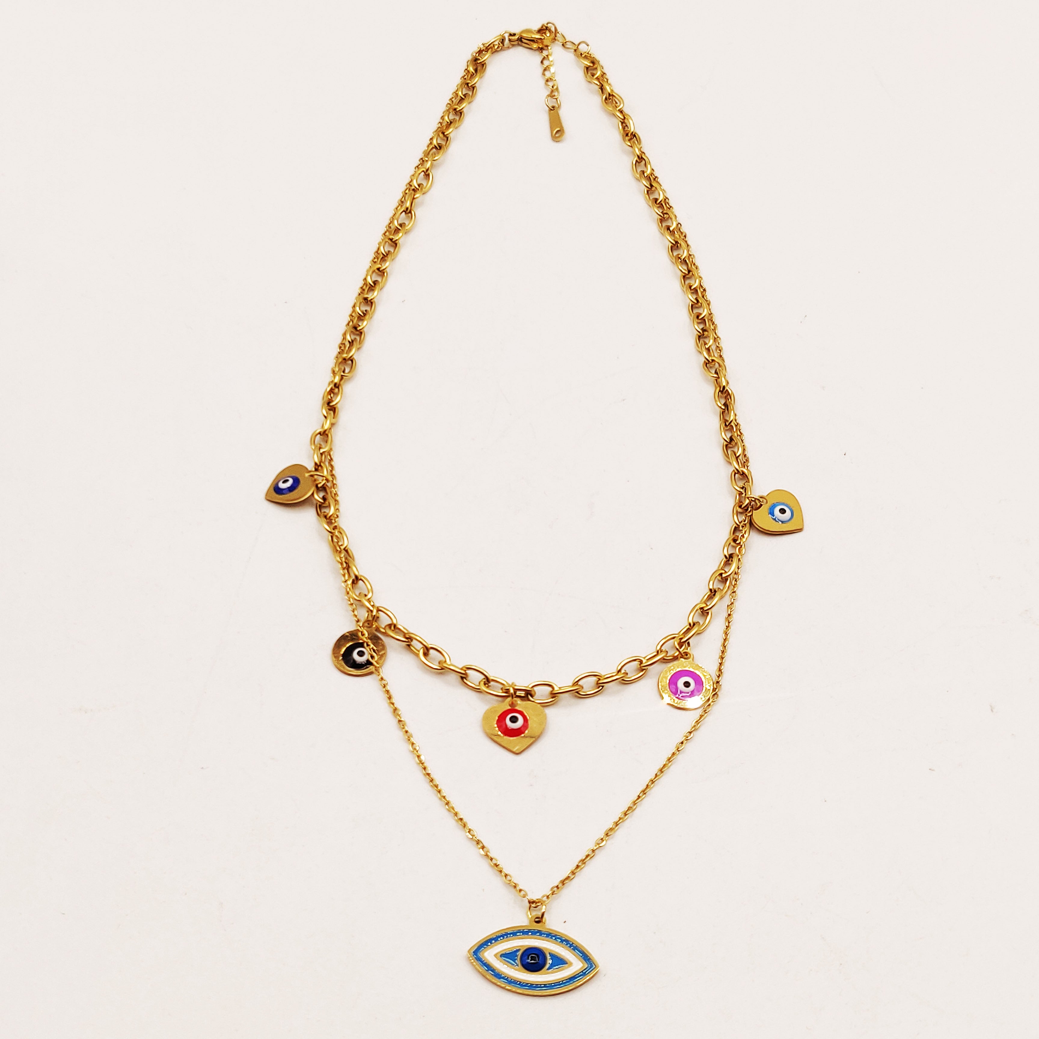Collier Double Yeux Multicolores et Grand Oeil Bleu