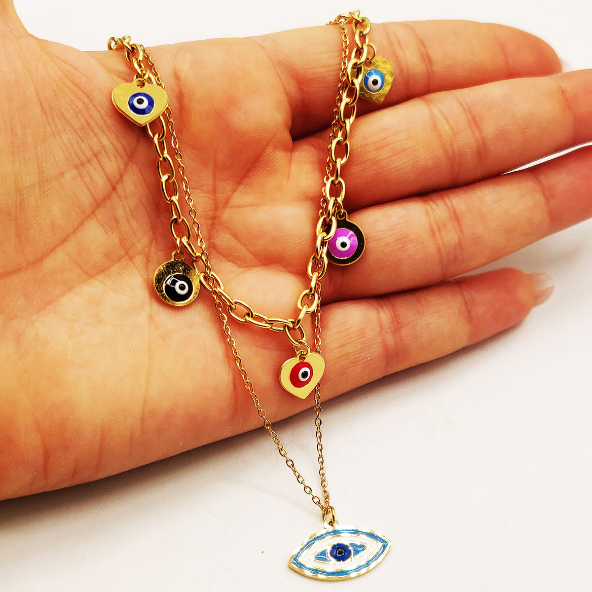 Collier Double Yeux Multicolores et Grand Oeil Bleu