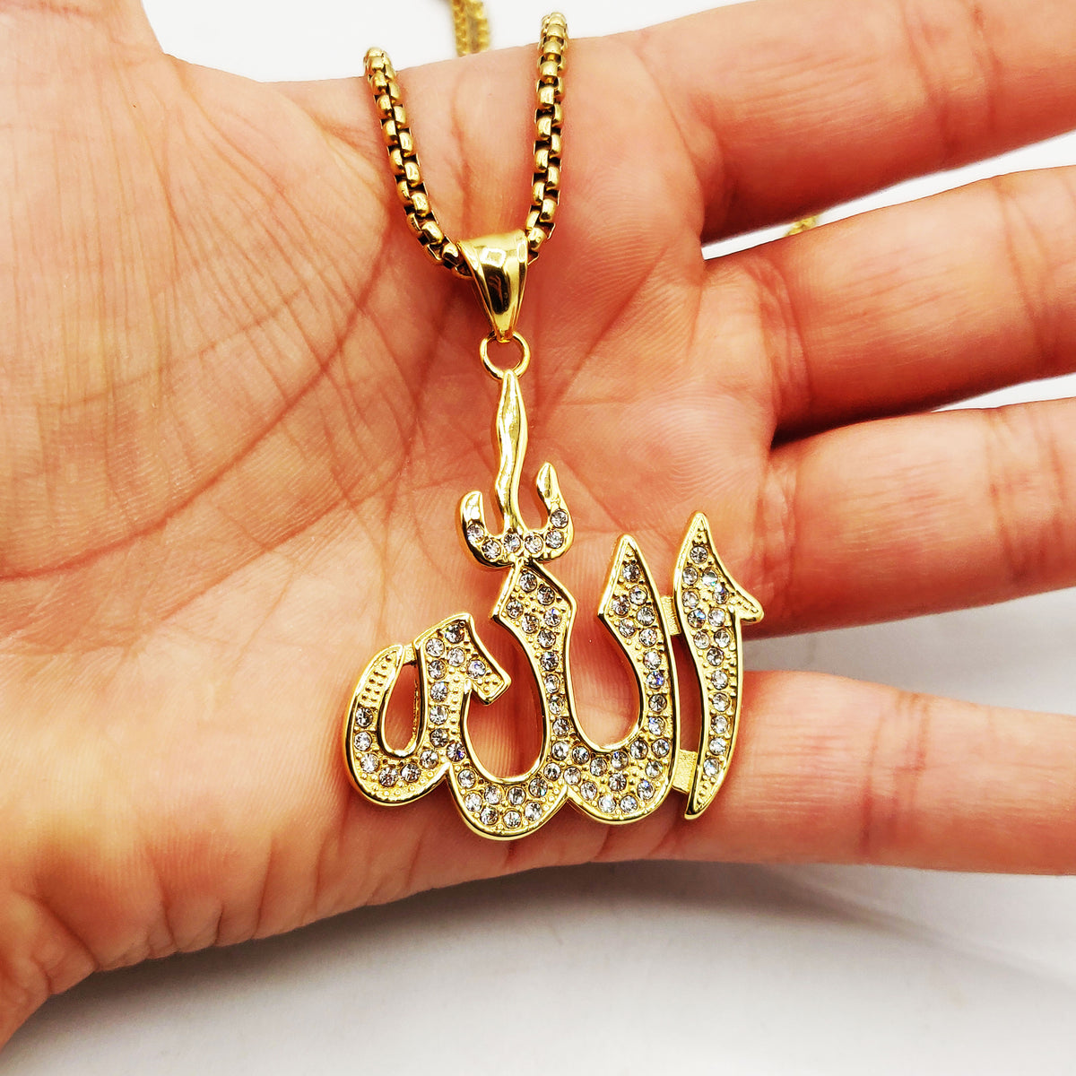 Collier Chaîne Cubique Grand Pendentif Allah Cristaux
