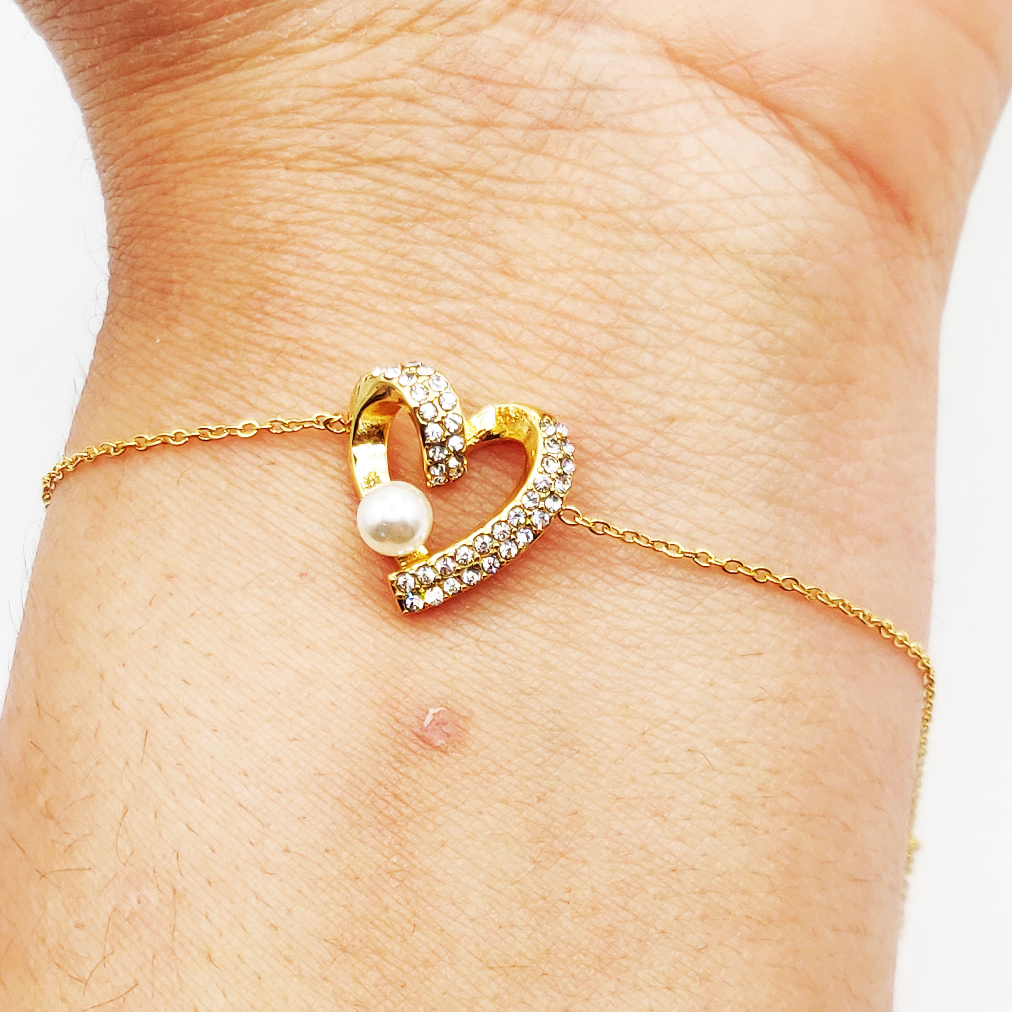 Bracelet Coeur Cristaux et Perle d'imitation Blanche