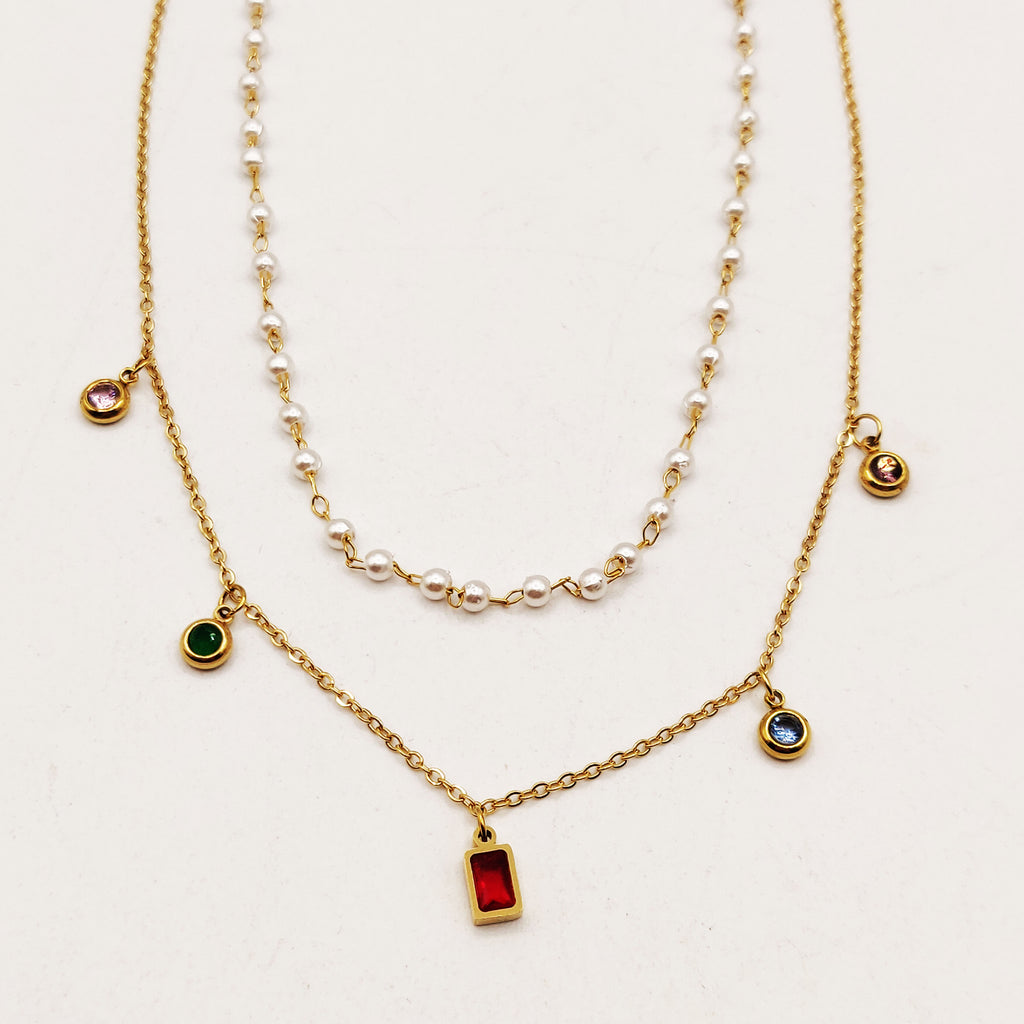 Collier Double Cristaux Multicolores et Perles d'imitation Blanches