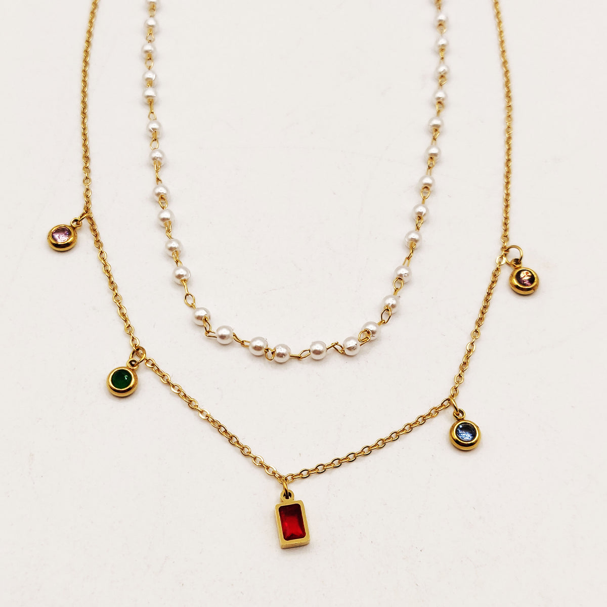 Collier Double Cristaux Multicolores et Perles d'imitation Blanches
