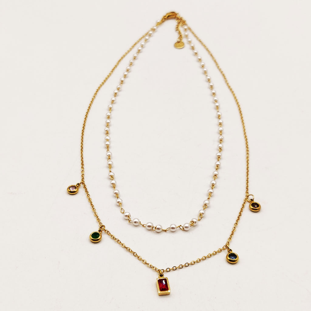 Collier Double Cristaux Multicolores et Perles d'imitation Blanches