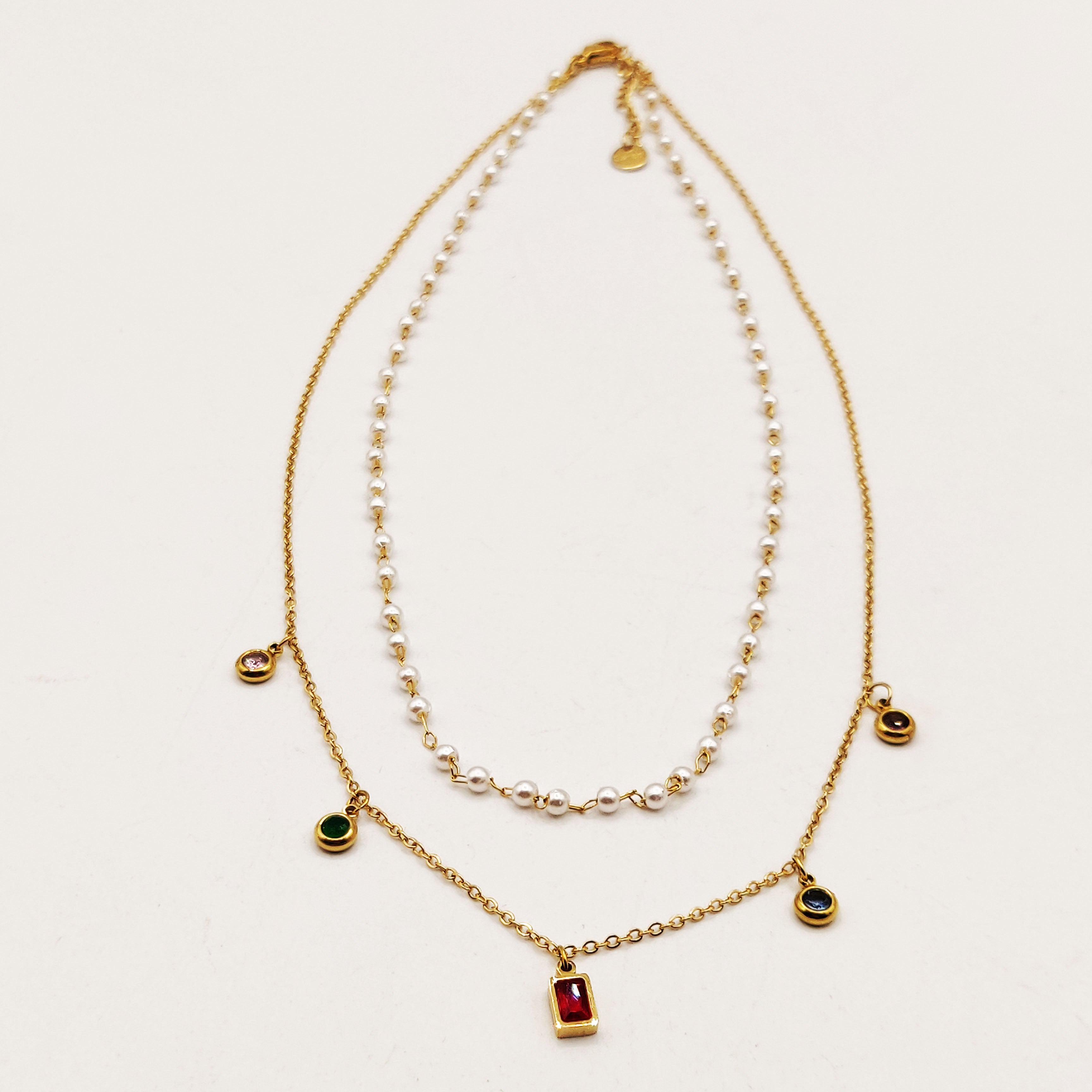 Collier Double Cristaux Multicolores et Perles d'imitation Blanches