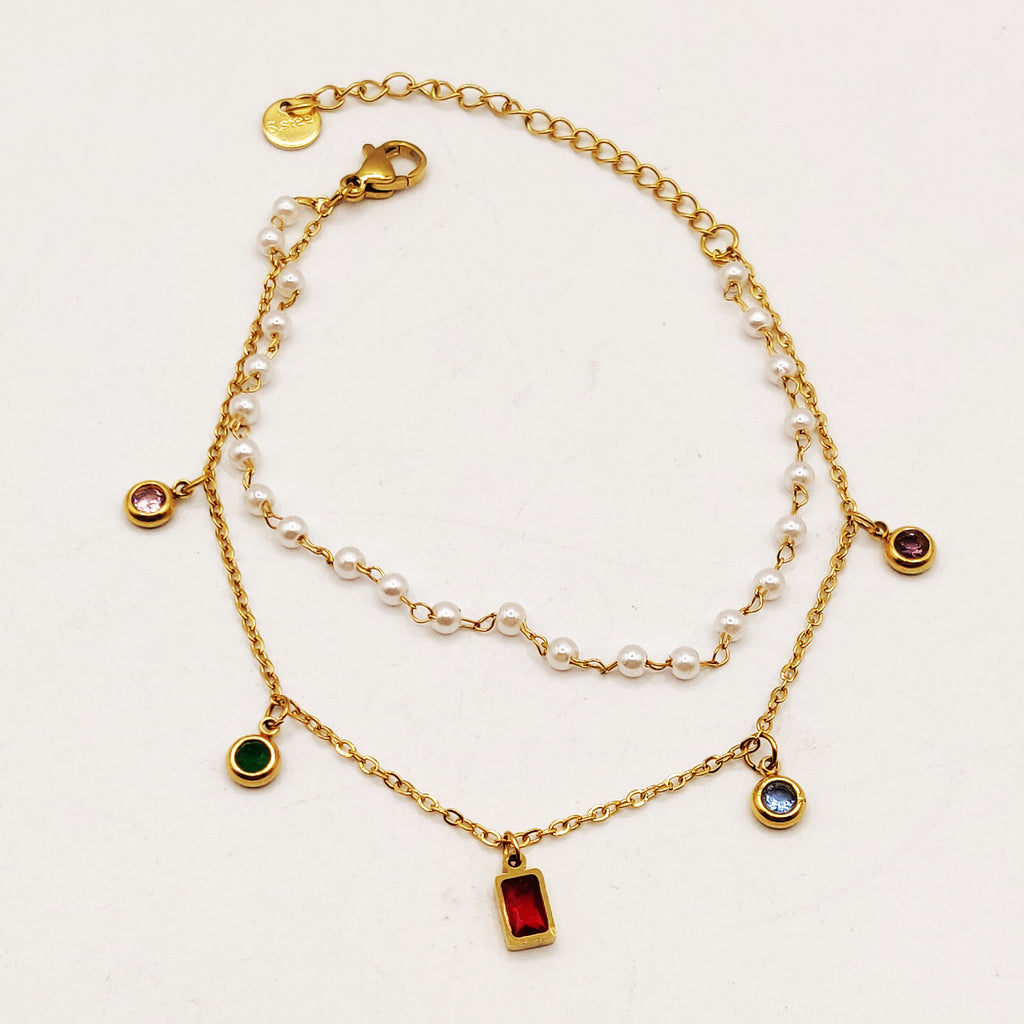 Bracelet Double Cristaux Multicolores et Perles d'imitation Blanches