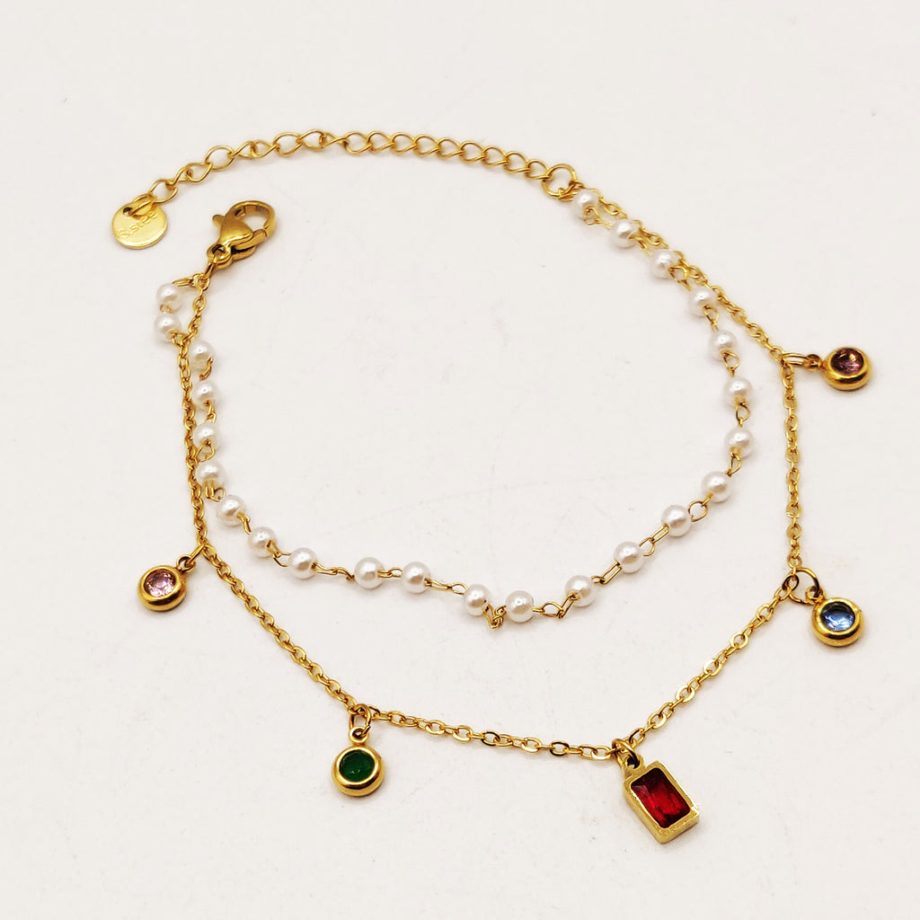 Bracelet Double Cristaux Multicolores et Perles d'imitation Blanches