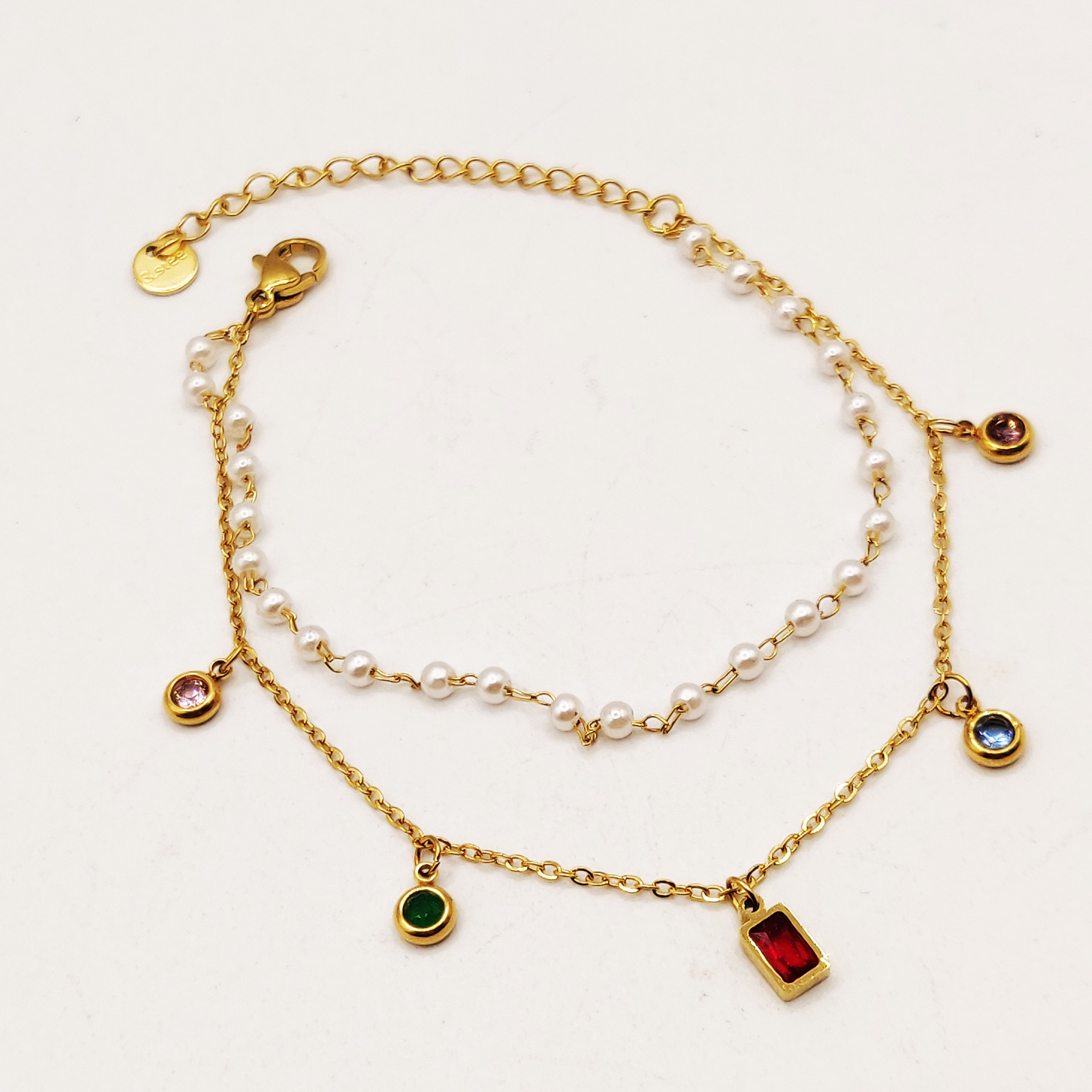 Bracelet Double Cristaux Multicolores et Perles d'imitation Blanches