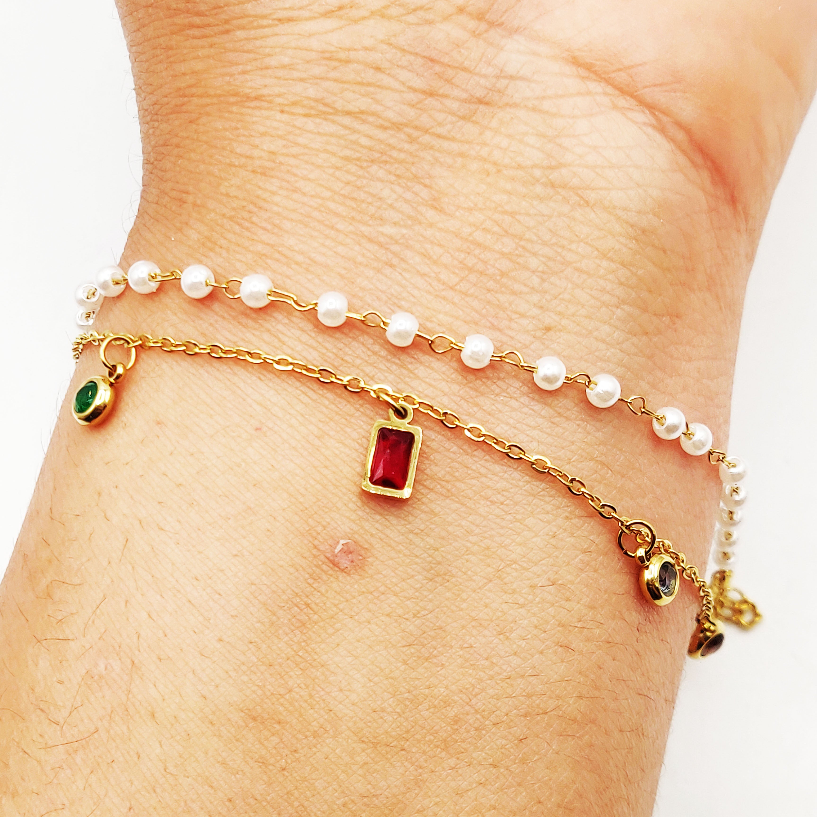 Bracelet Double Cristaux Multicolores et Perles d'imitation Blanches