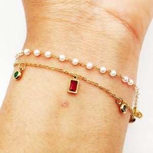 Bracelet Double Cristaux Multicolores et Perles d'imitation Blanches