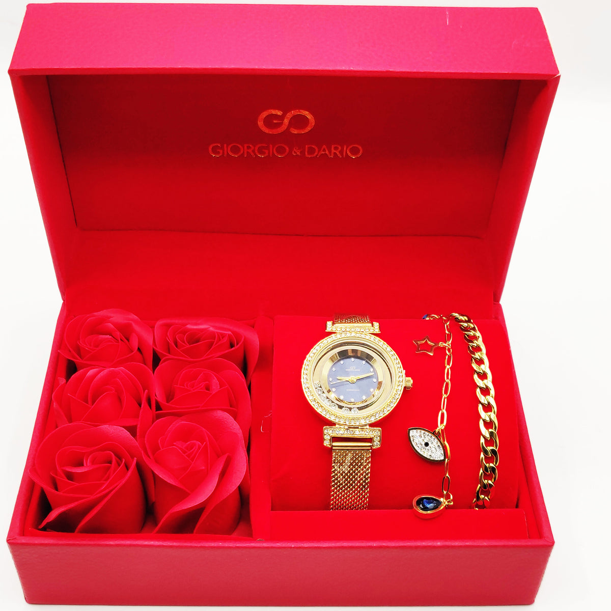 Coffret Cadeau Montre Giorgio & Dario EU6509 Fond Bleu avec Bracelet Double Oeil Luxe et Roses Rouges