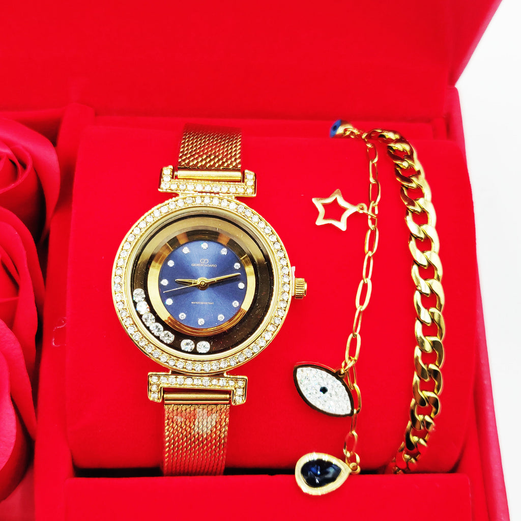 Coffret Cadeau Montre Giorgio & Dario EU6509 Fond Bleu avec Bracelet Double Oeil Luxe et Roses Rouges