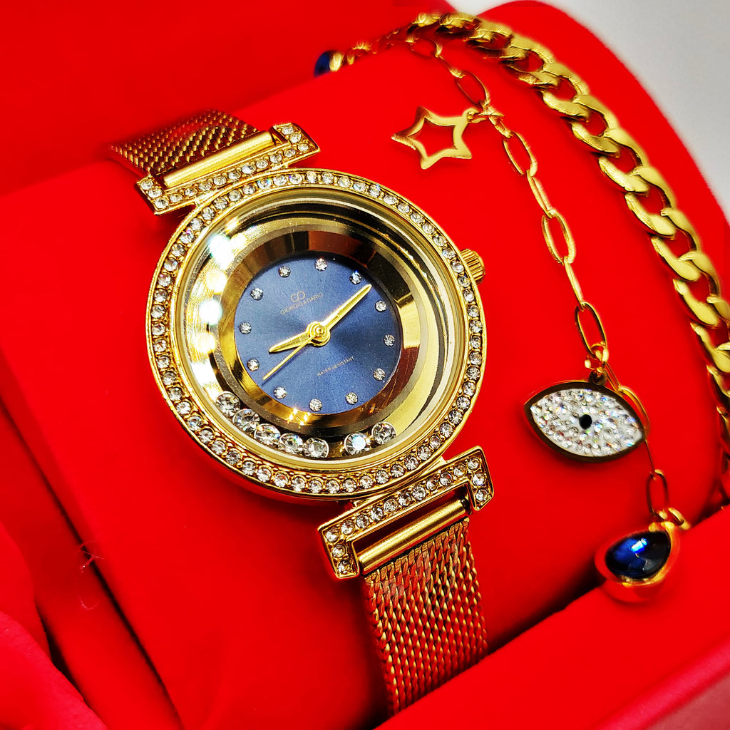 Coffret Cadeau Montre Giorgio & Dario EU6509 Fond Bleu avec Bracelet Double Oeil Luxe et Roses Rouges