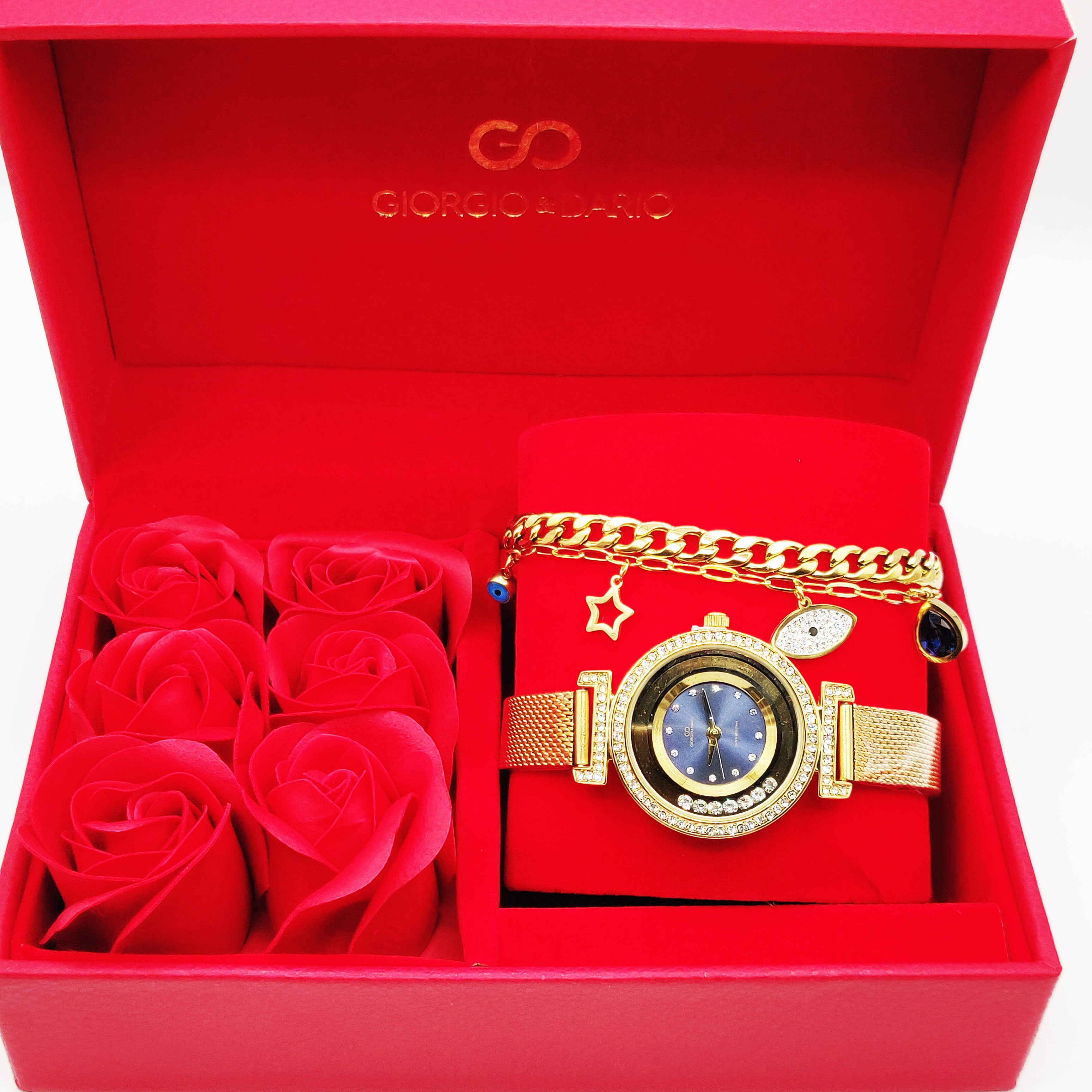 Coffret Cadeau Montre Giorgio & Dario EU6509 Fond Bleu avec Bracelet Double Oeil Luxe et Roses Rouges