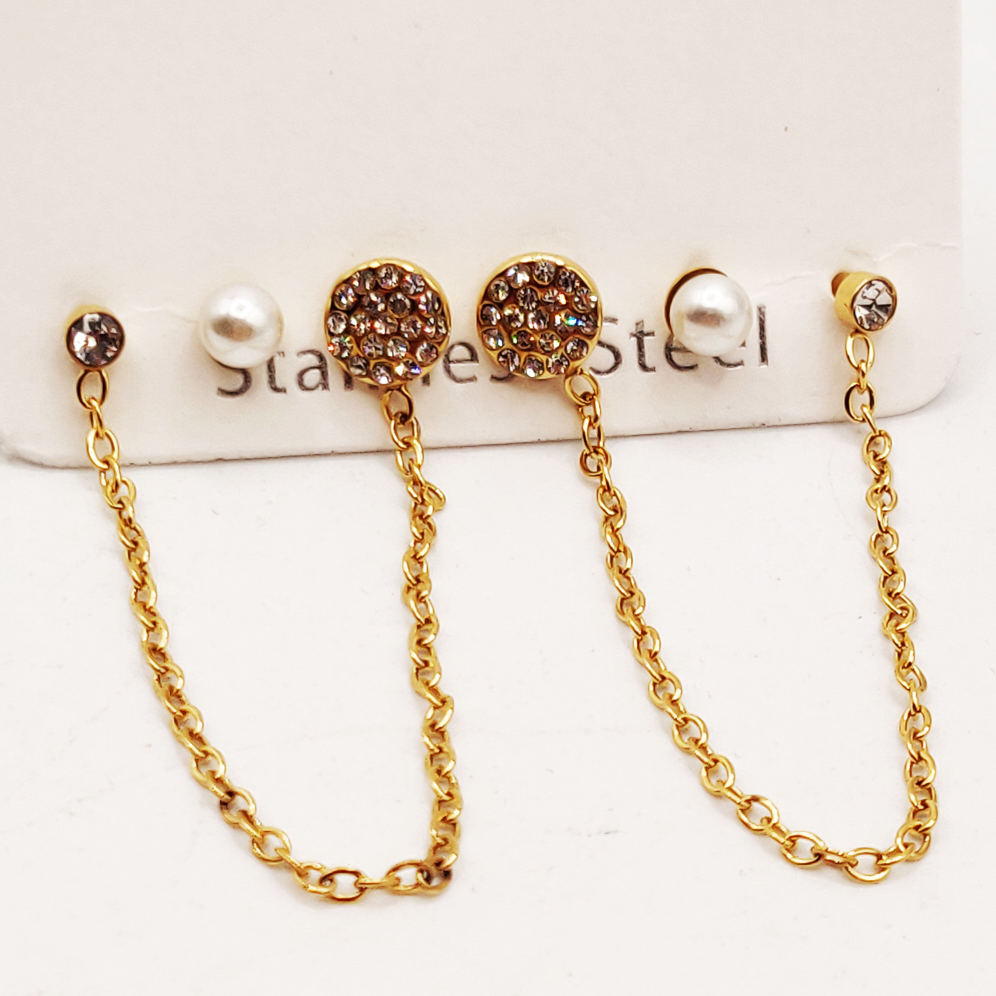 Boucles d'oreilles 3 Trous Cristaux Ronds et Perles d'imitation Blanches